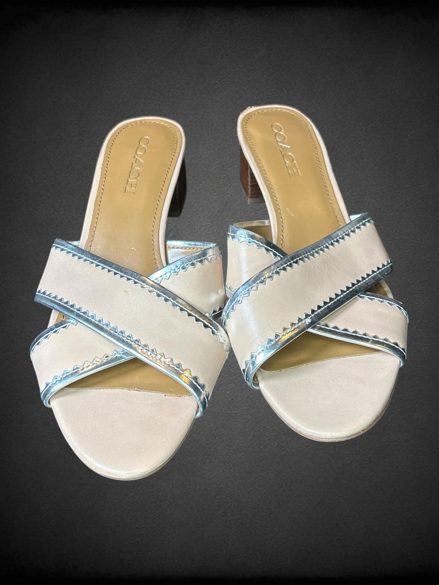 Size 9.5 Coach tan open-toed block heels with metallic lining