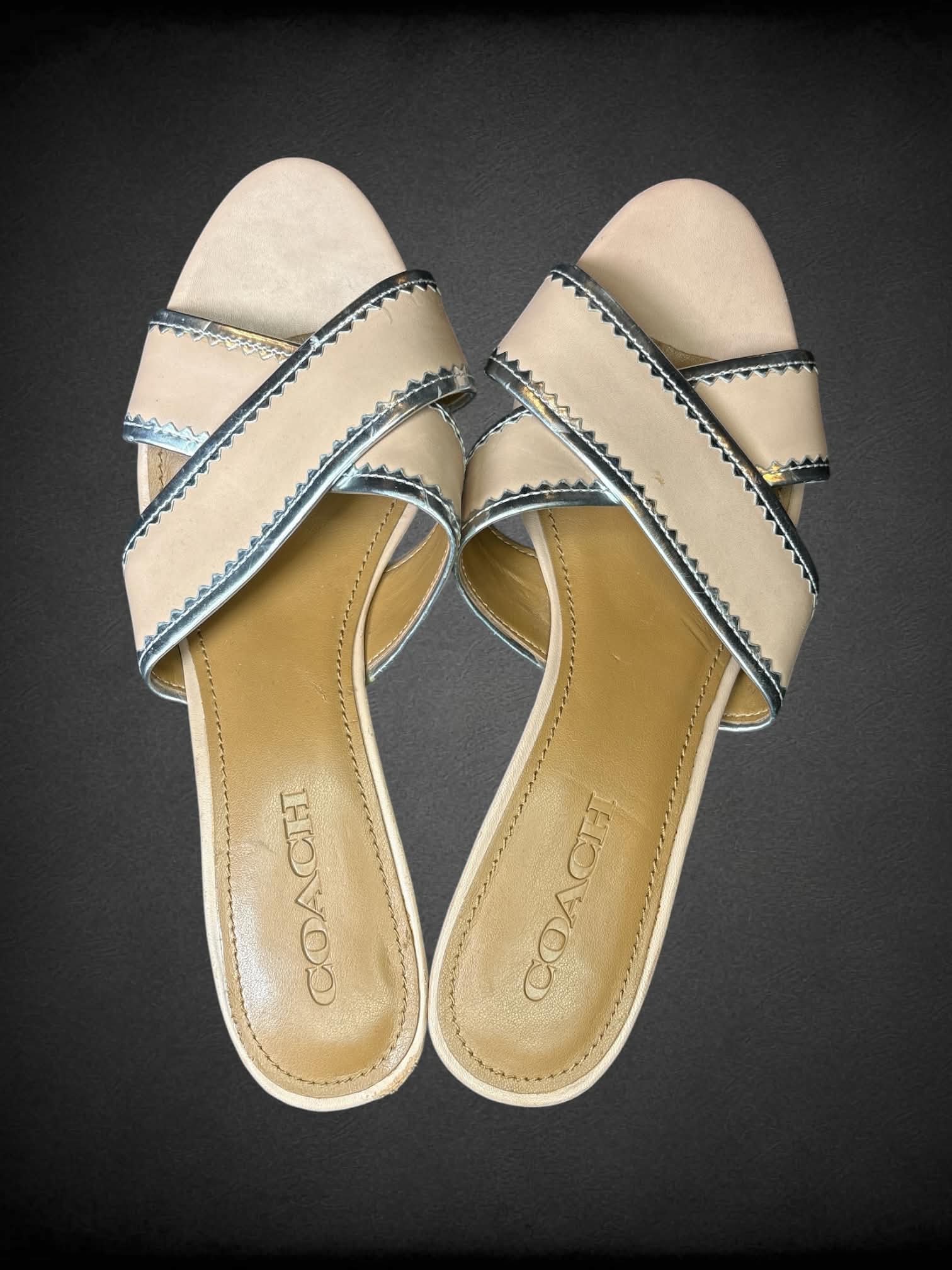 Size 9.5 Coach tan open-toed block heels with metallic lining