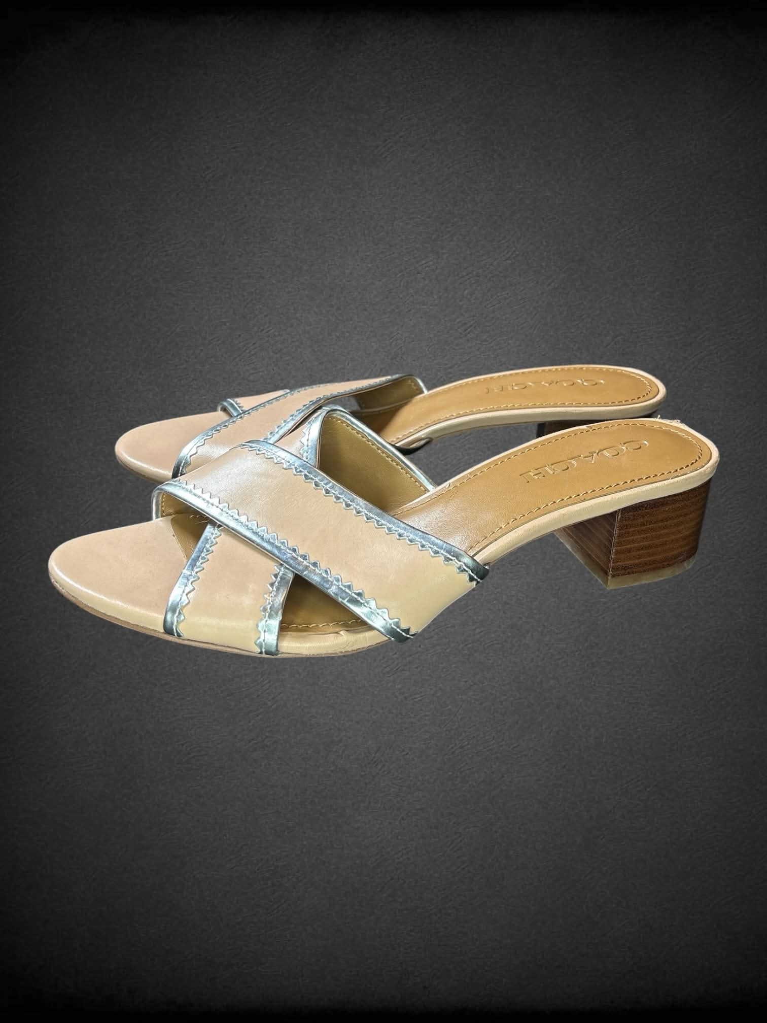 Size 9.5 Coach tan open-toed block heels with metallic lining