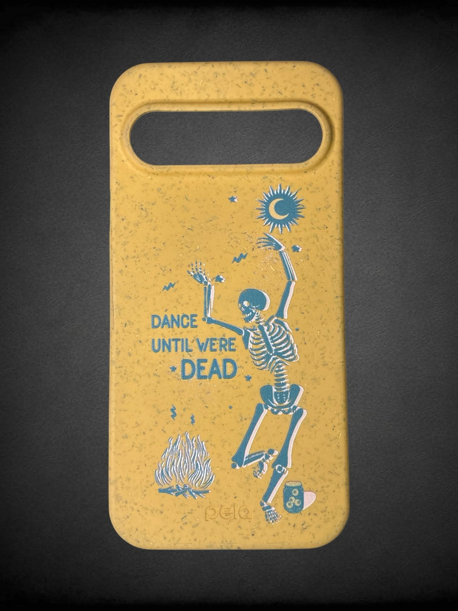 Google Pixel 9 Pro XL Pela yellow phone case with skeleton “Dance until we’re dead” graphic