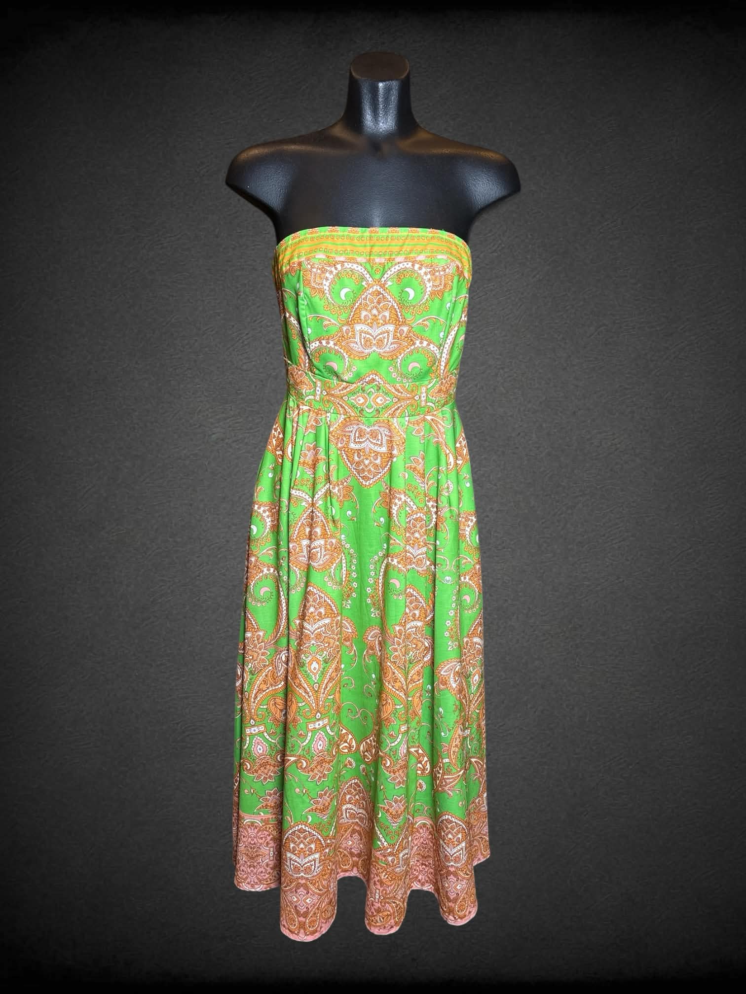 S Flying Tomato green strapless dress with orange art nouveau design, and zipper on back