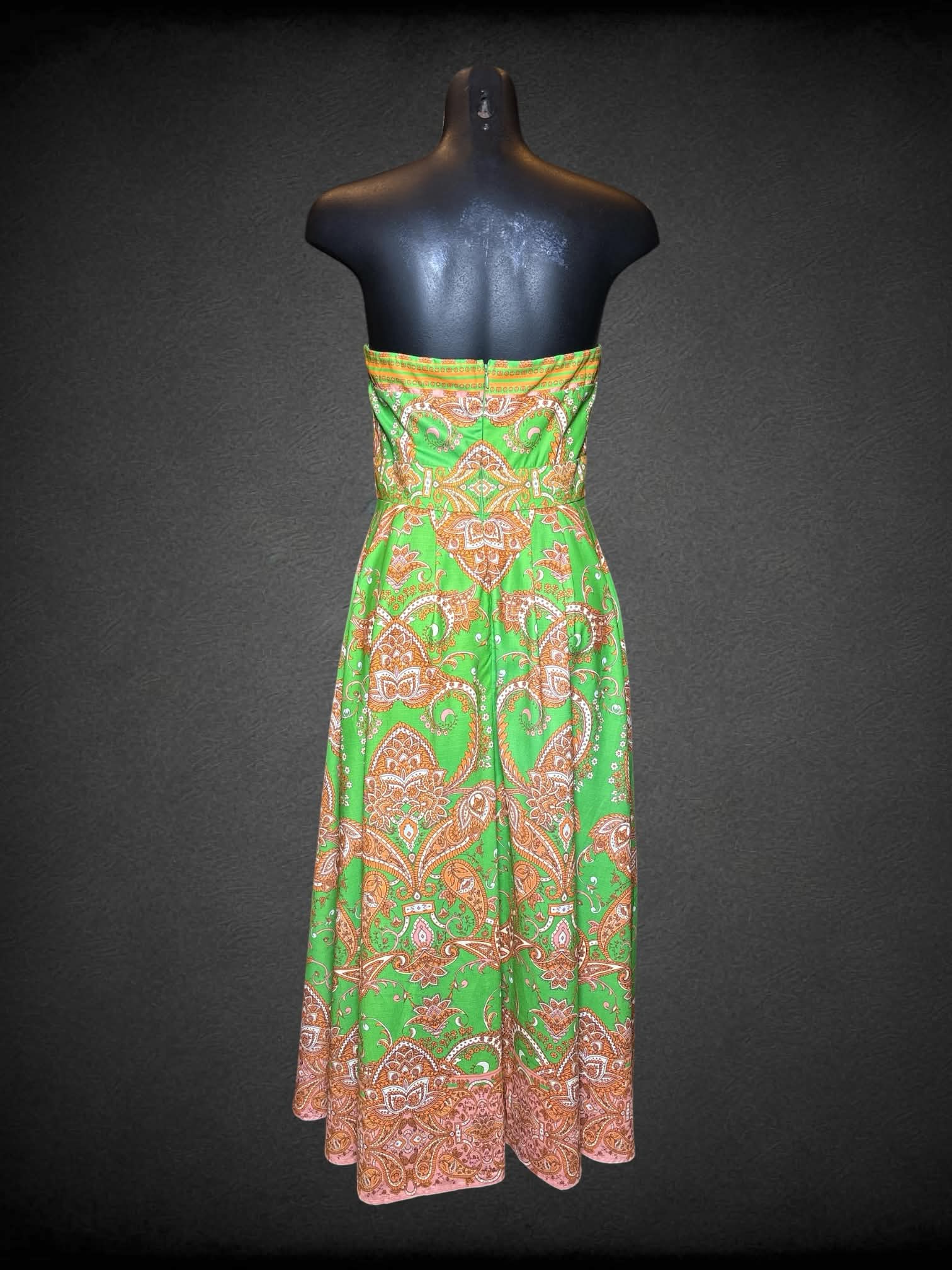 S Flying Tomato green strapless dress with orange art nouveau design, and zipper on back