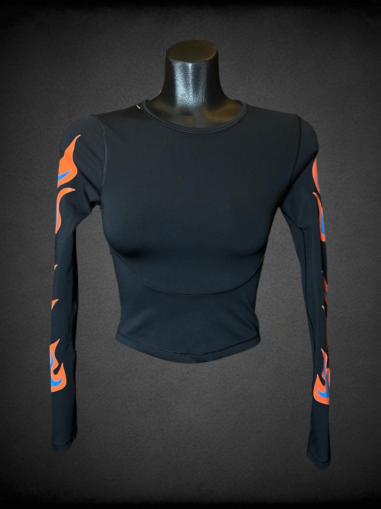 XS Savage X Fenty black athletic long-sleeve shirt with flame design on sleeves