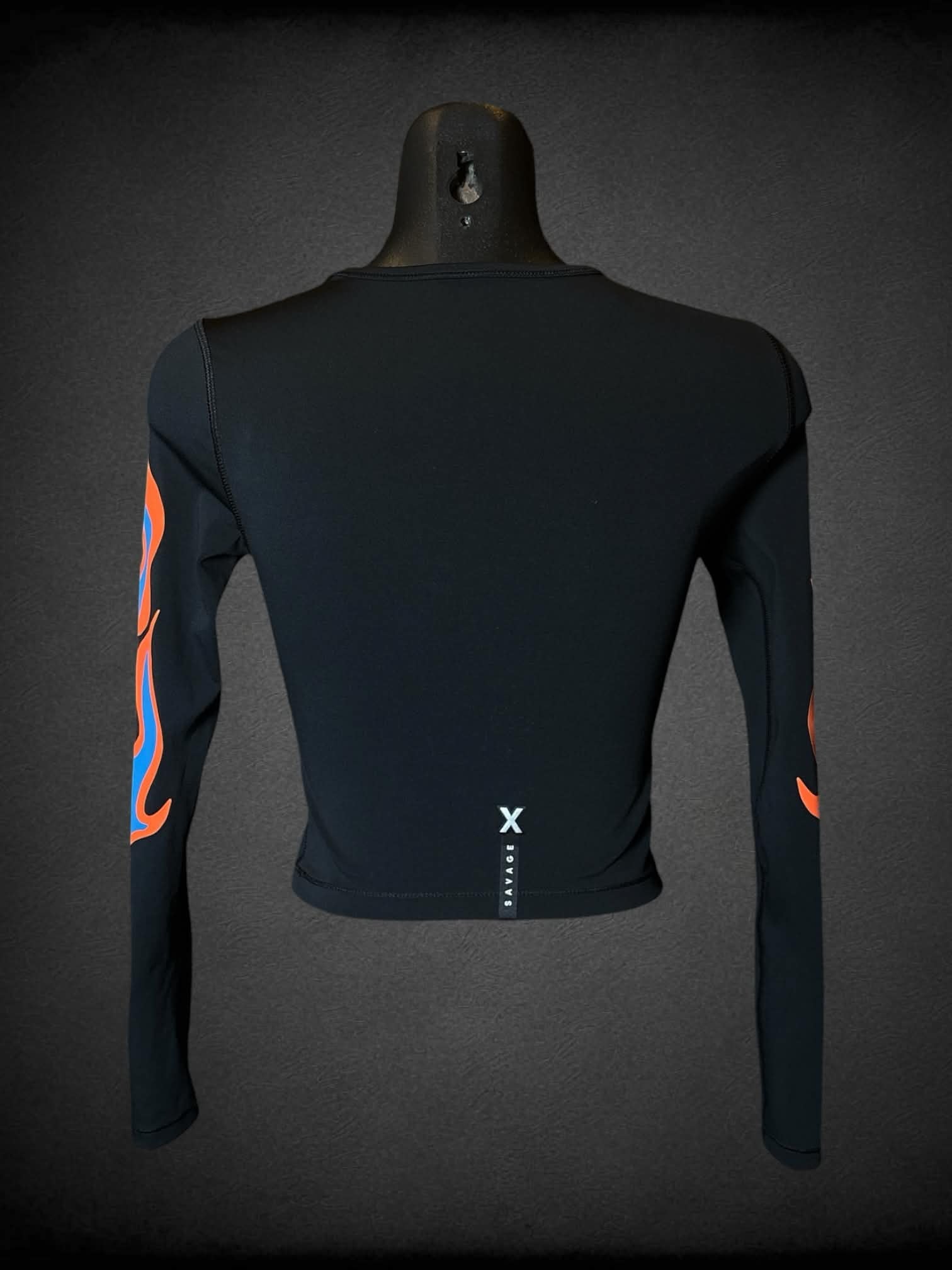 XS Savage X Fenty black athletic long-sleeve shirt with flame design on sleeves