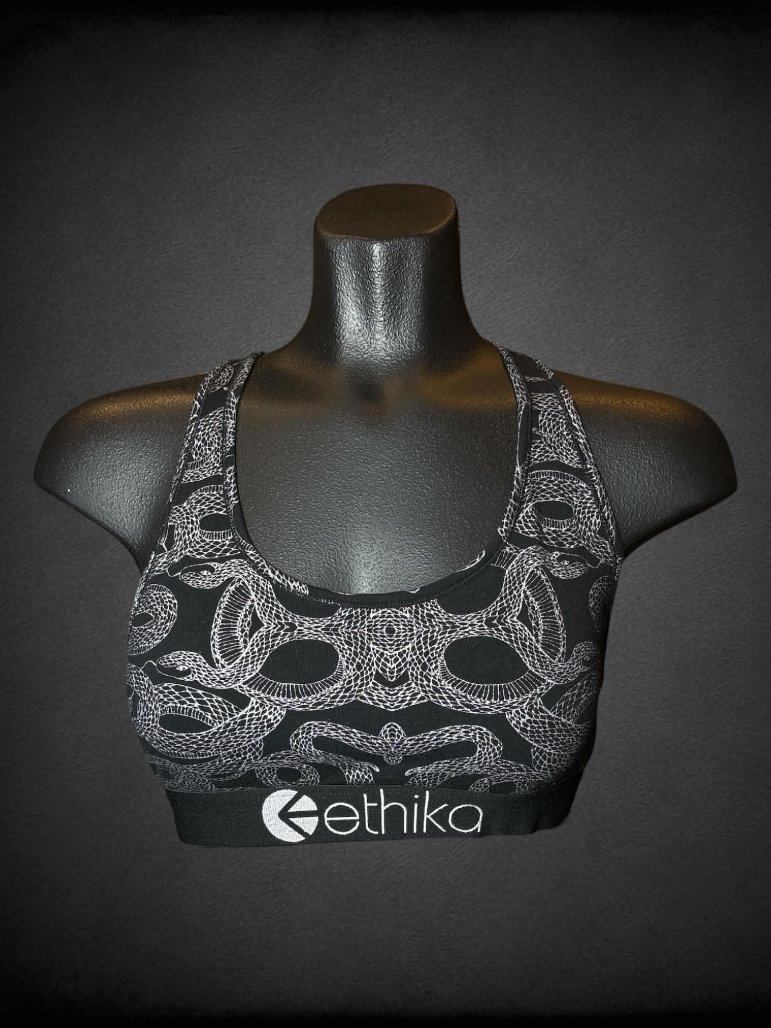 S Ethika black bralette with metallic snake pattern