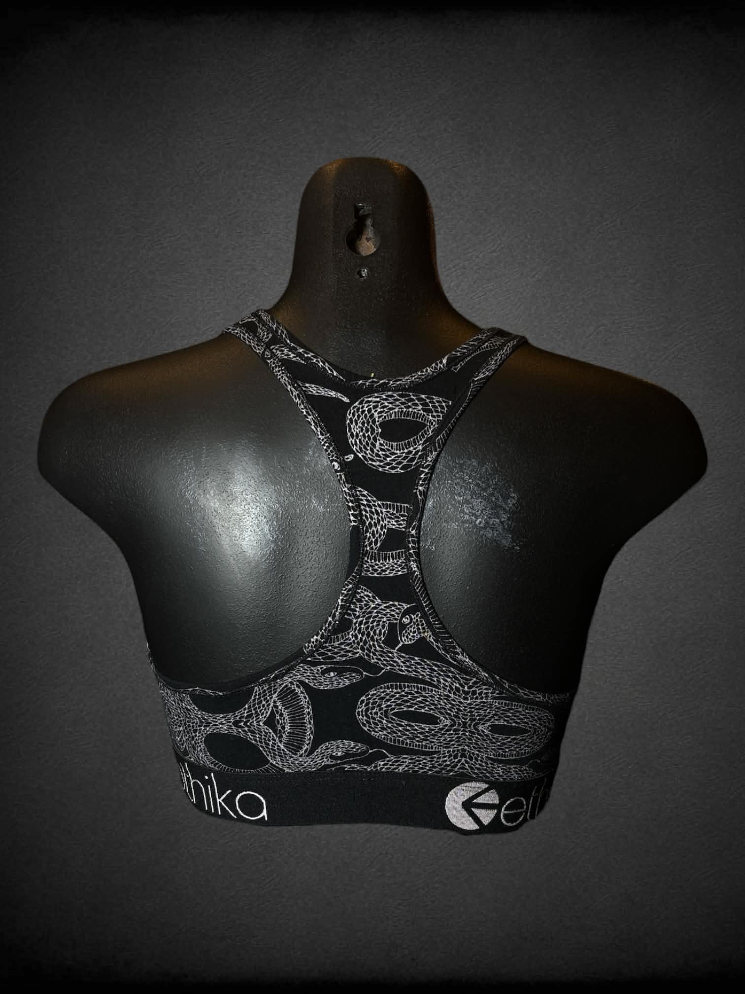 S Ethika black bralette with metallic snake pattern