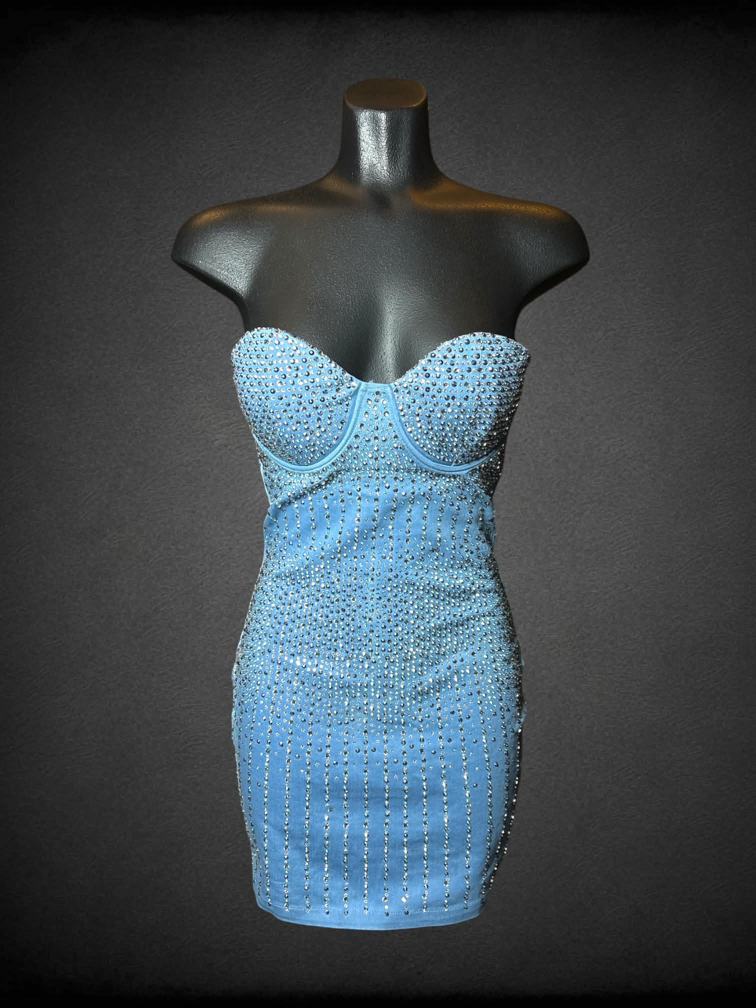 S Banjul blue short strapless bejeweled dress with padded bra, and zipper on back