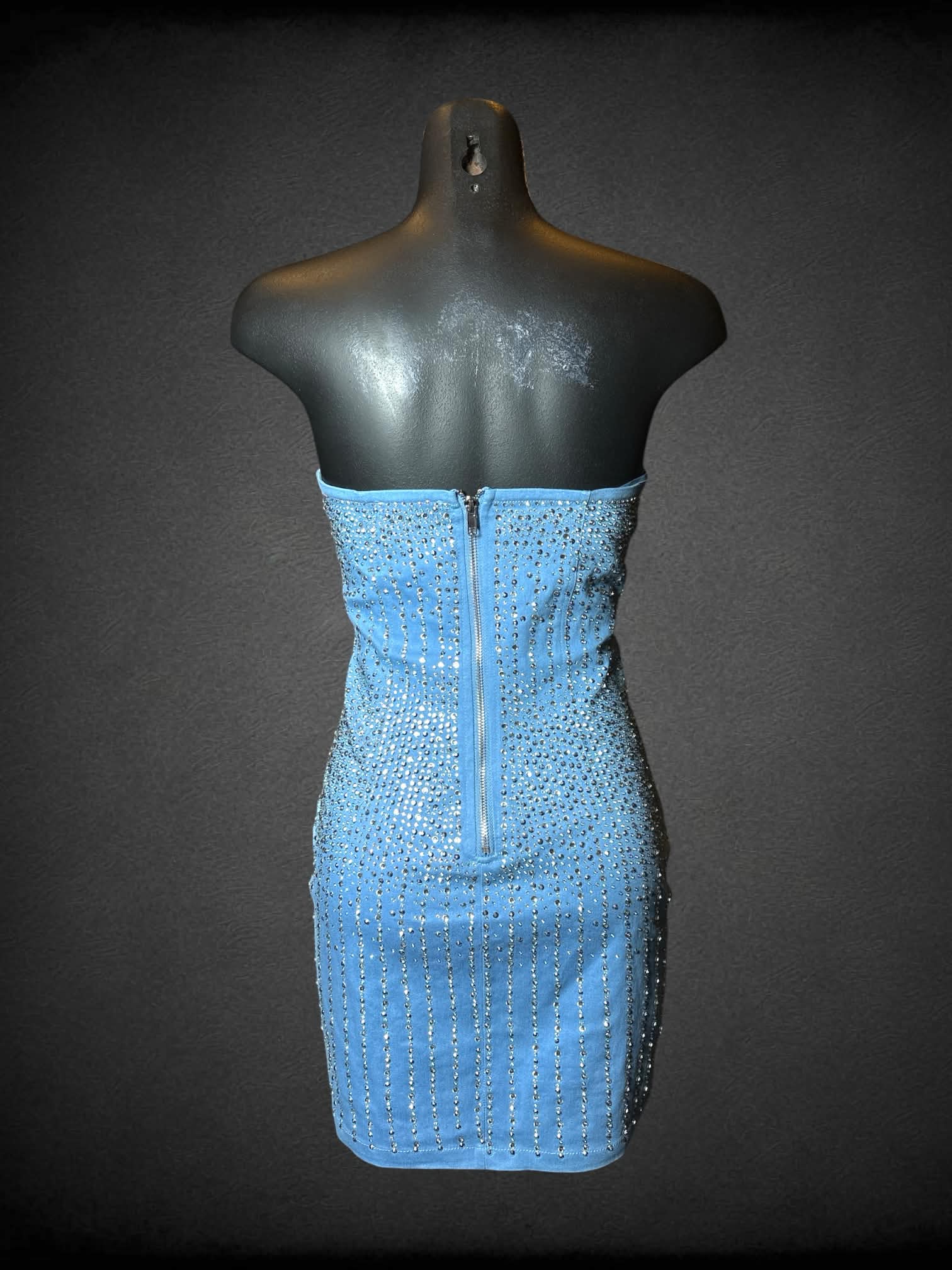 S Banjul blue short strapless bejeweled dress with padded bra, and zipper on back