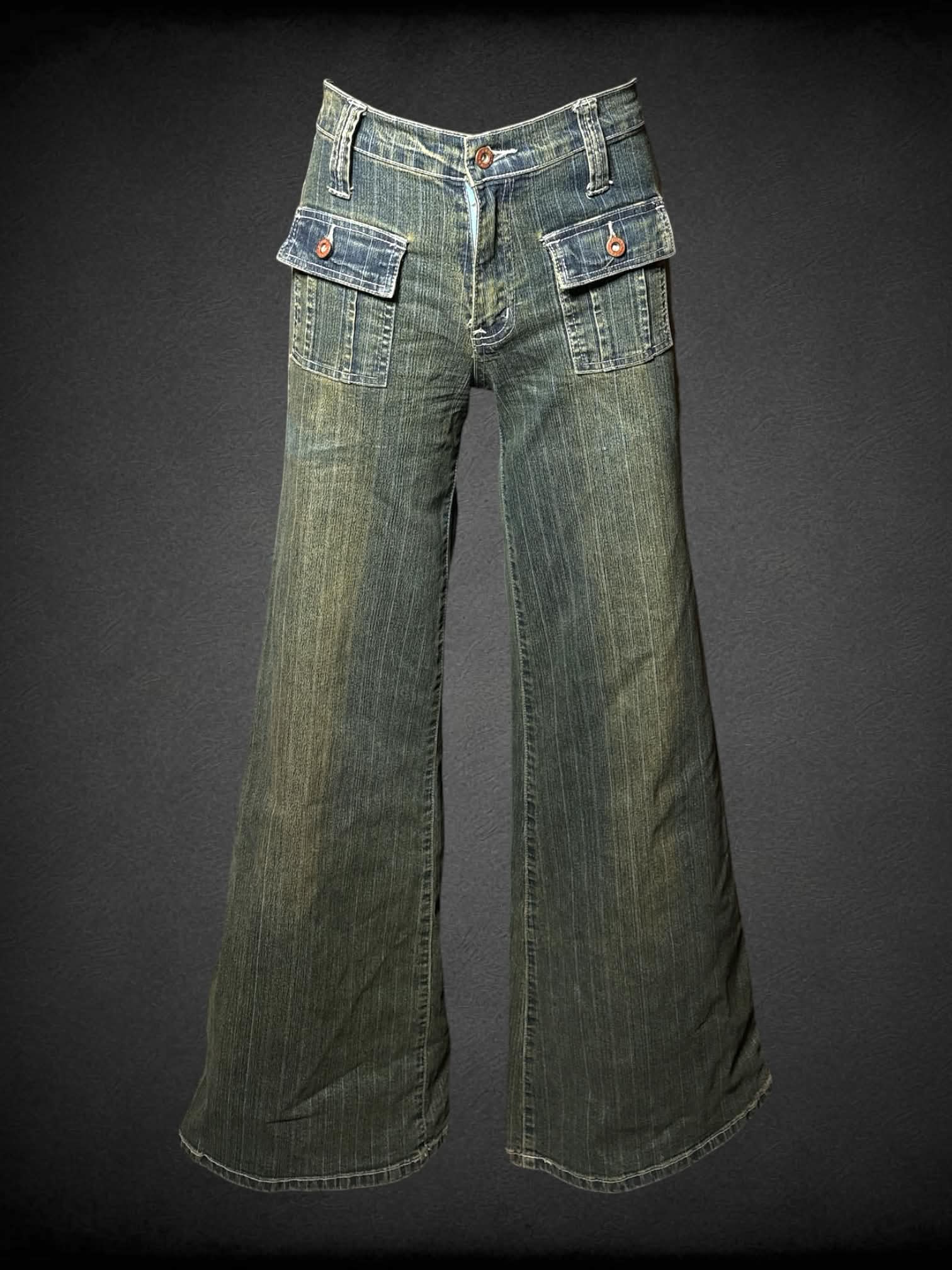 S G.H.Z. Jeans vintage low-rise wide legged faded denim jeans, with striped pattern, and buttoned pockets on front