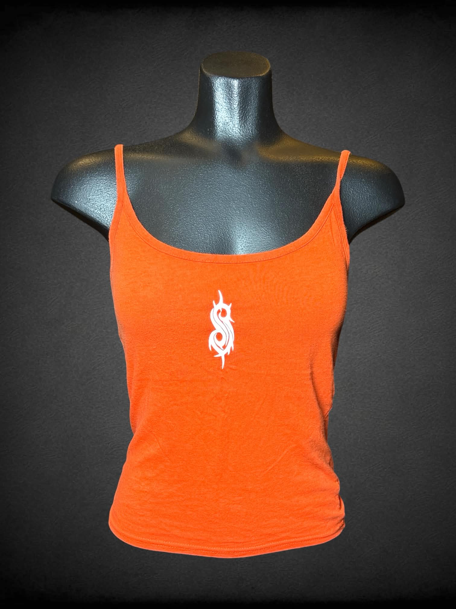 M Slipknot orange cami top with “Slipknot” symbol graphics on front and back