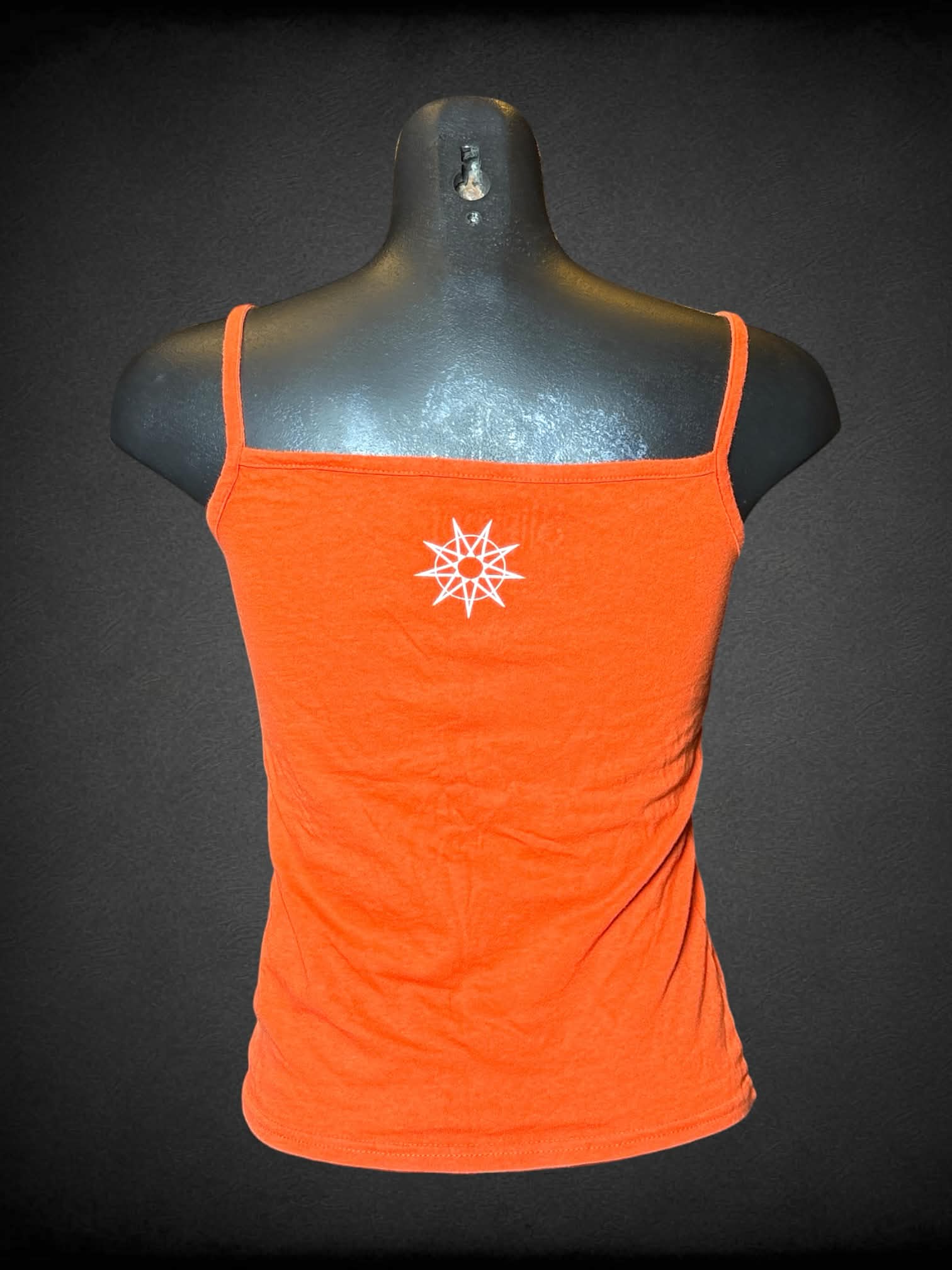 M Slipknot orange cami top with “Slipknot” symbol graphics on front and back