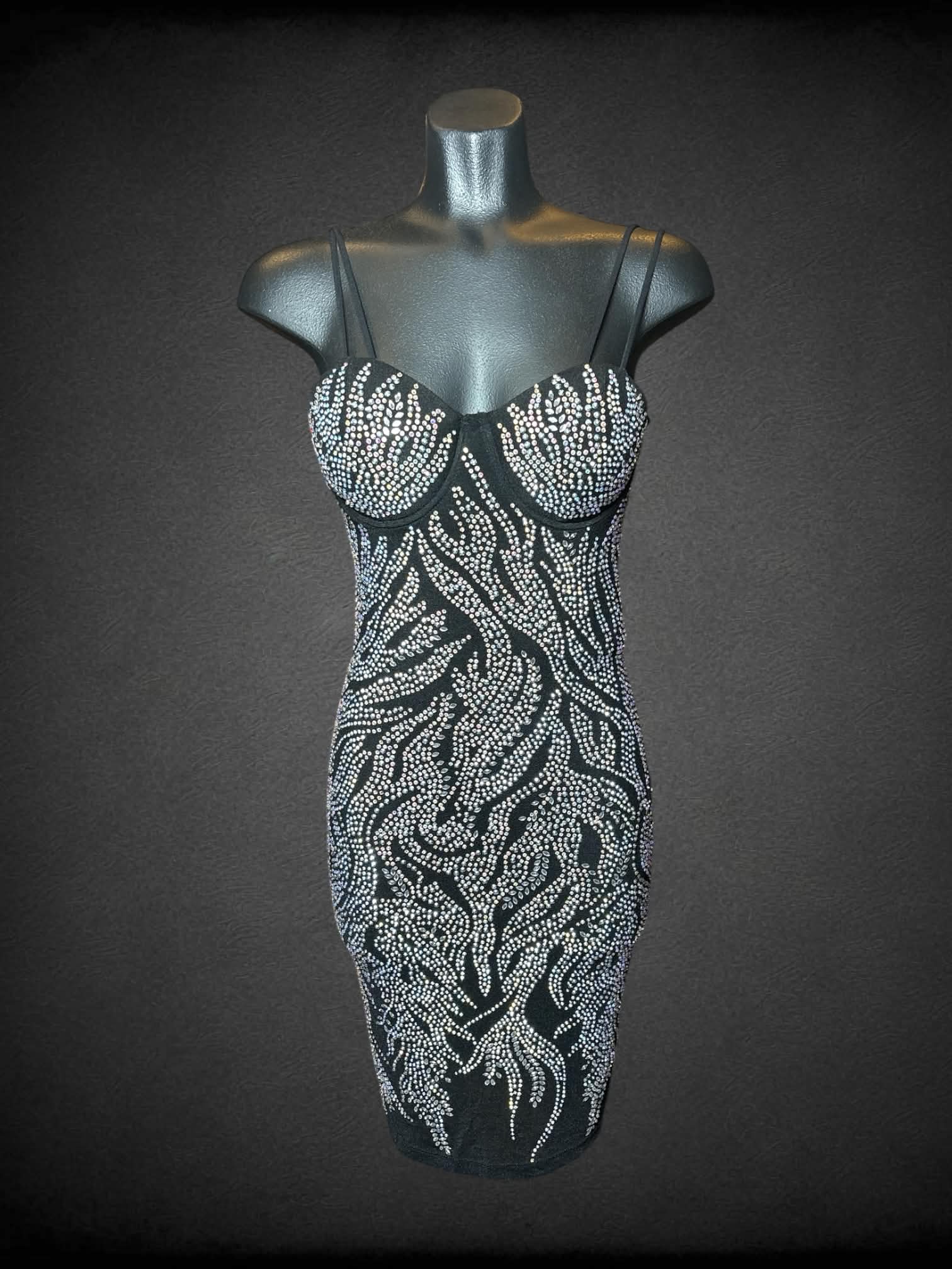 M Banjul black short bejeweled dress with built-in bodysuit, padded bra, and zipper on back