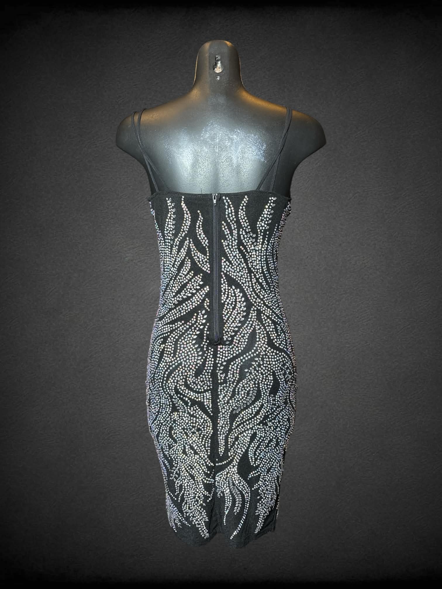 M Banjul black short bejeweled dress with built-in bodysuit, padded bra, and zipper on back