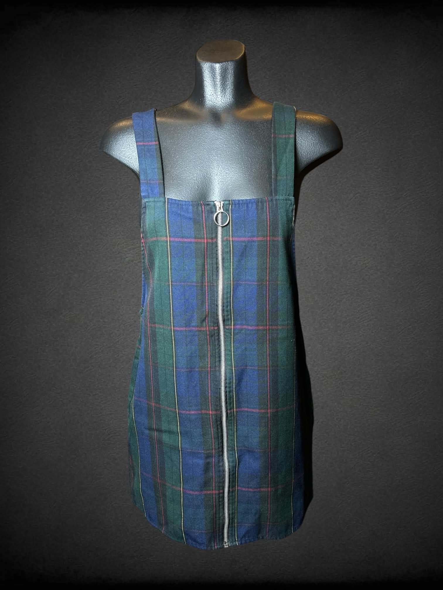 M Forever 21 green plaid zip-up short overall dress