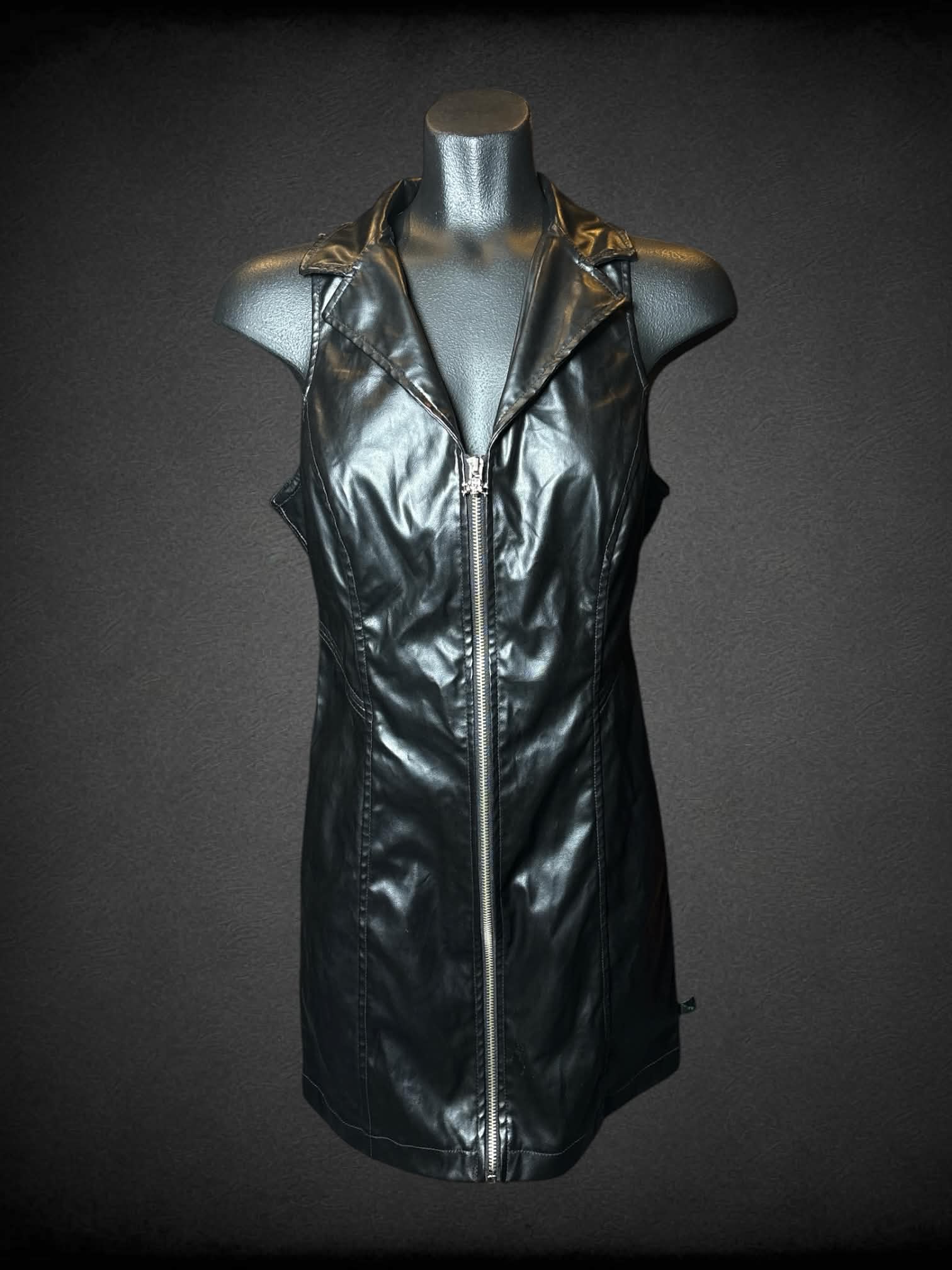 M Tripp NYC vintage black faux leather short zip-up dress