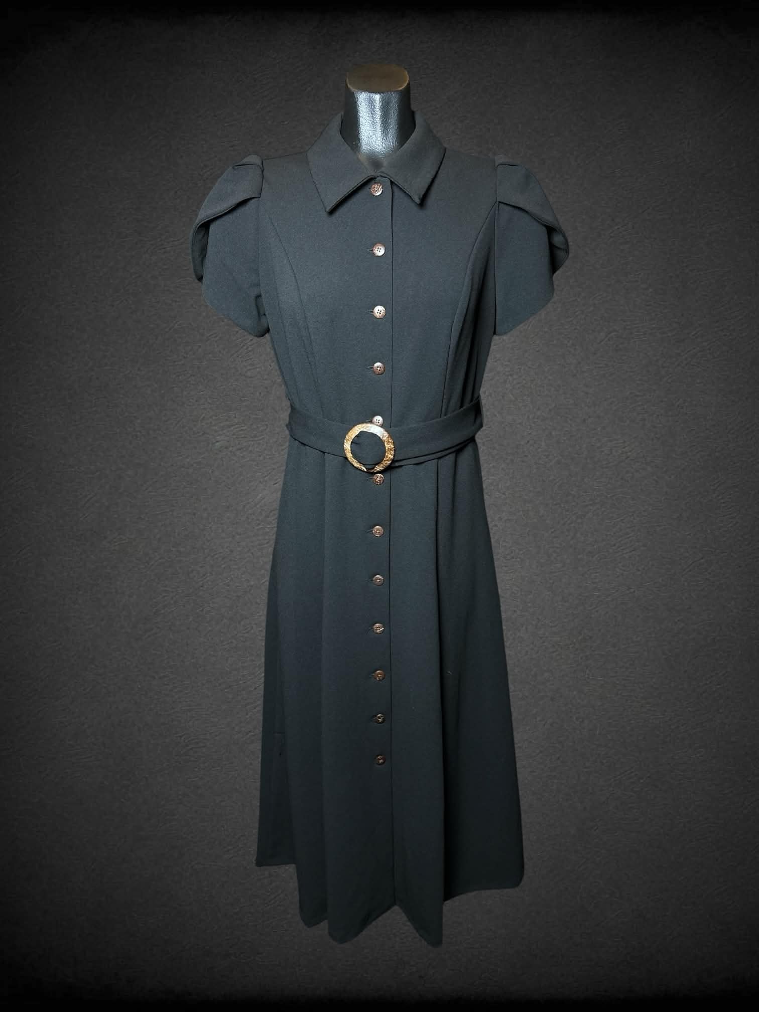 M Calvin Klein NWT black button-up dress, with padded shoulders and attached belt