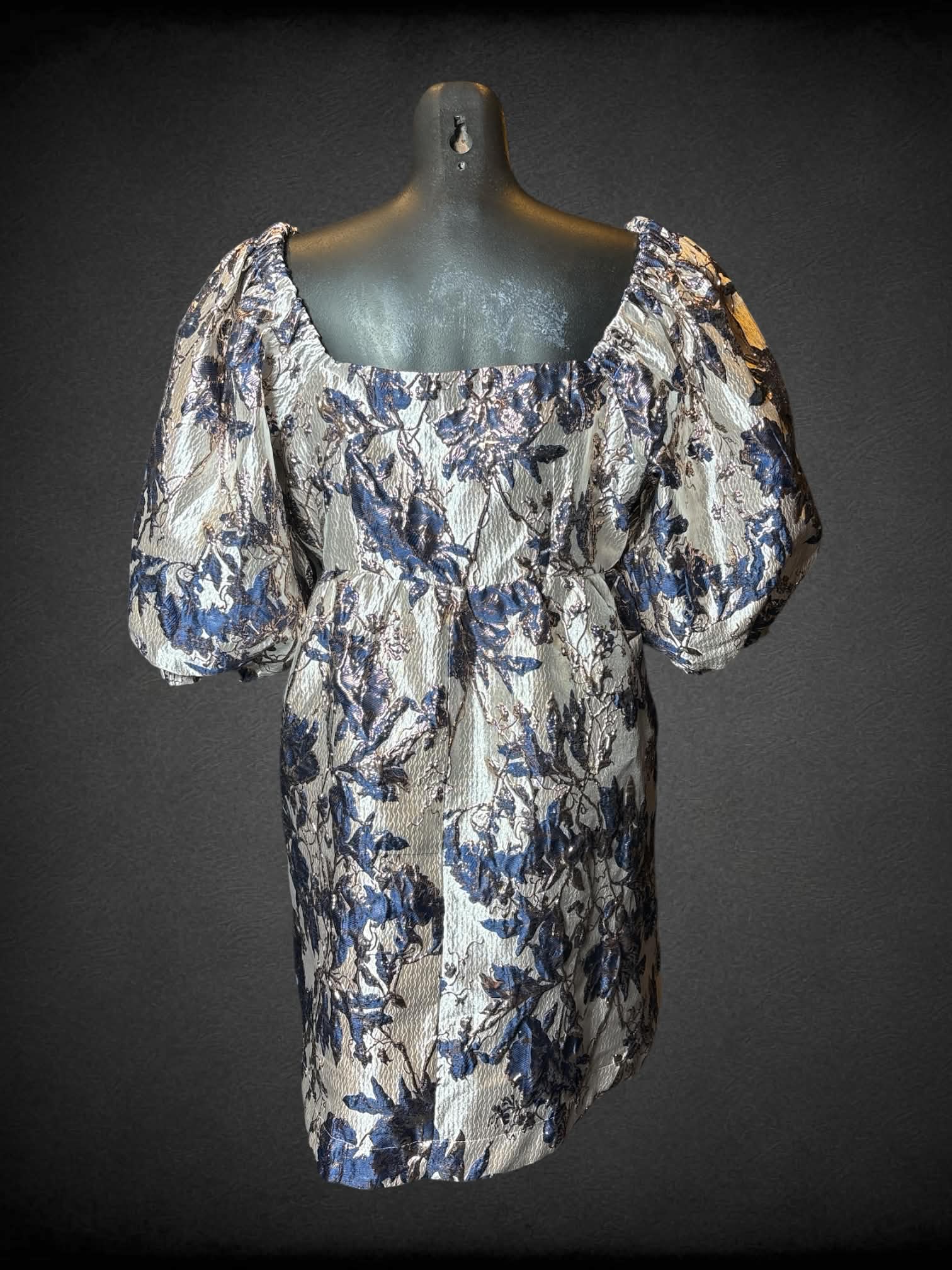 M Umgee beige babydoll dress with puff half-sleeves, and blue & gold floral pattern