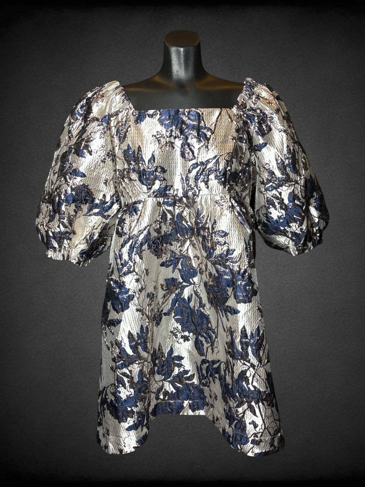 M Umgee beige babydoll dress with puff half-sleeves, and blue & gold floral pattern