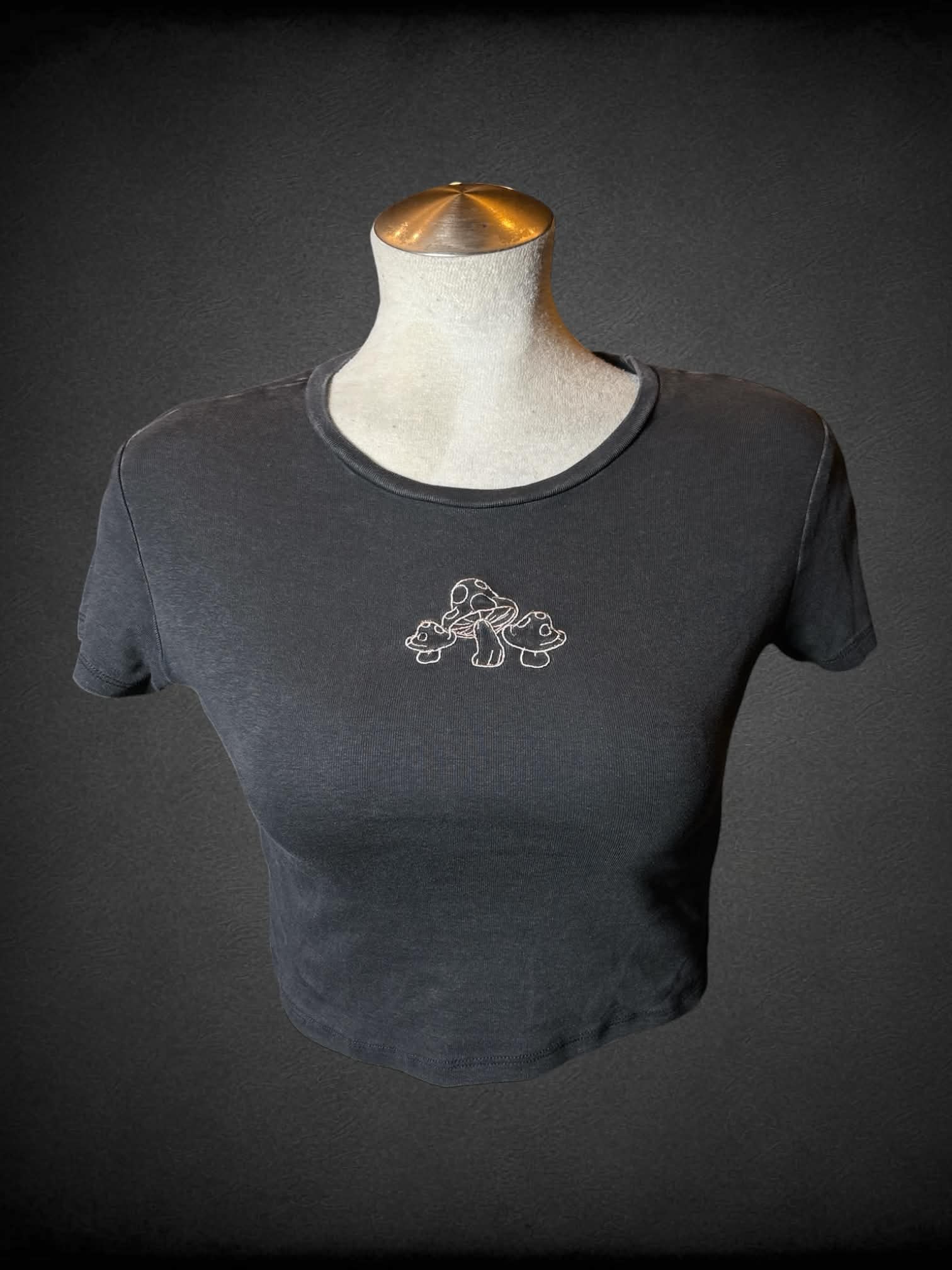 L Garage charcoal grey cropped baby tee with embroidered mushrooms on front