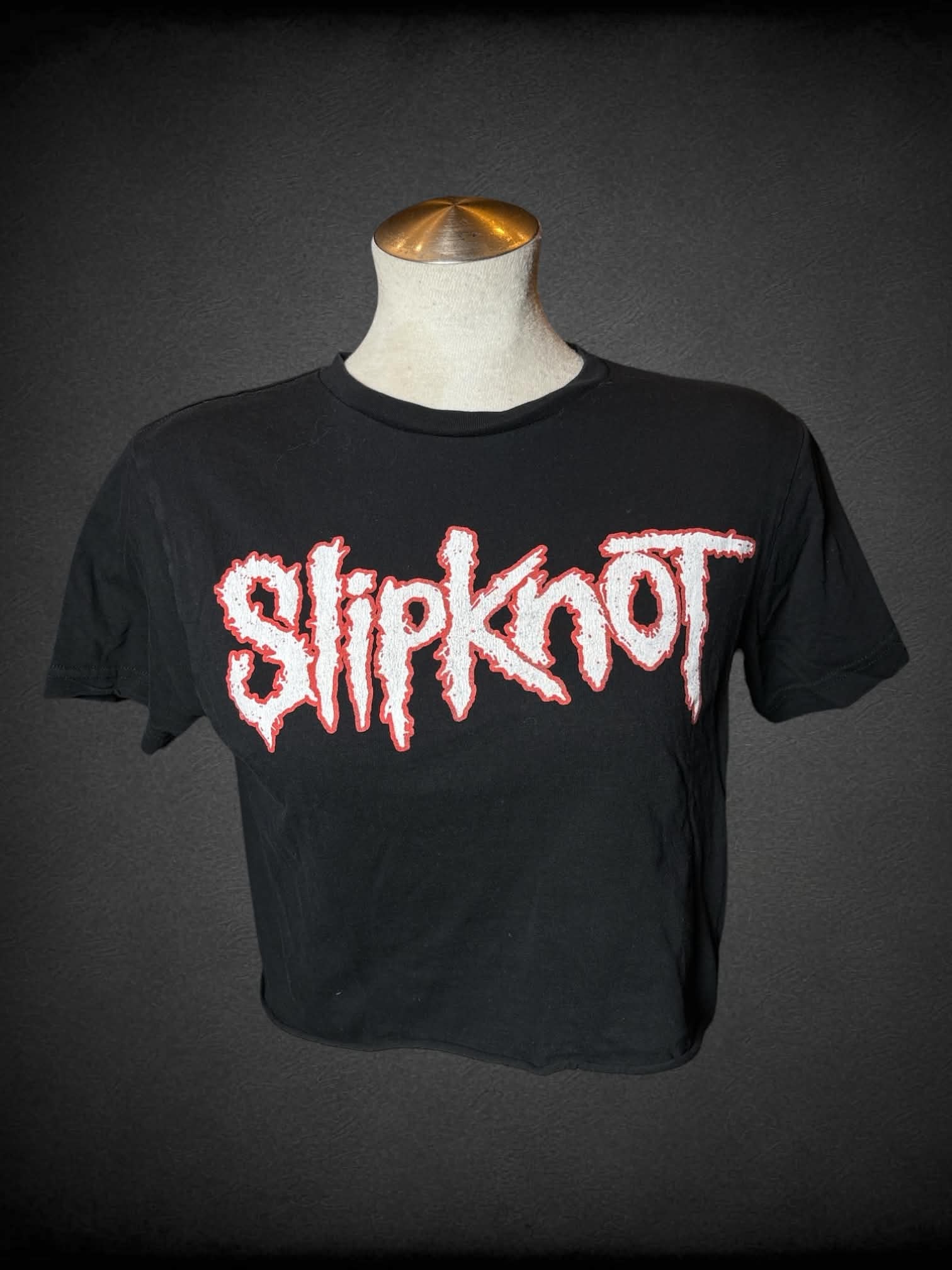 L Slipknot black cropped baby tee with worn “Slipknot” logo on front