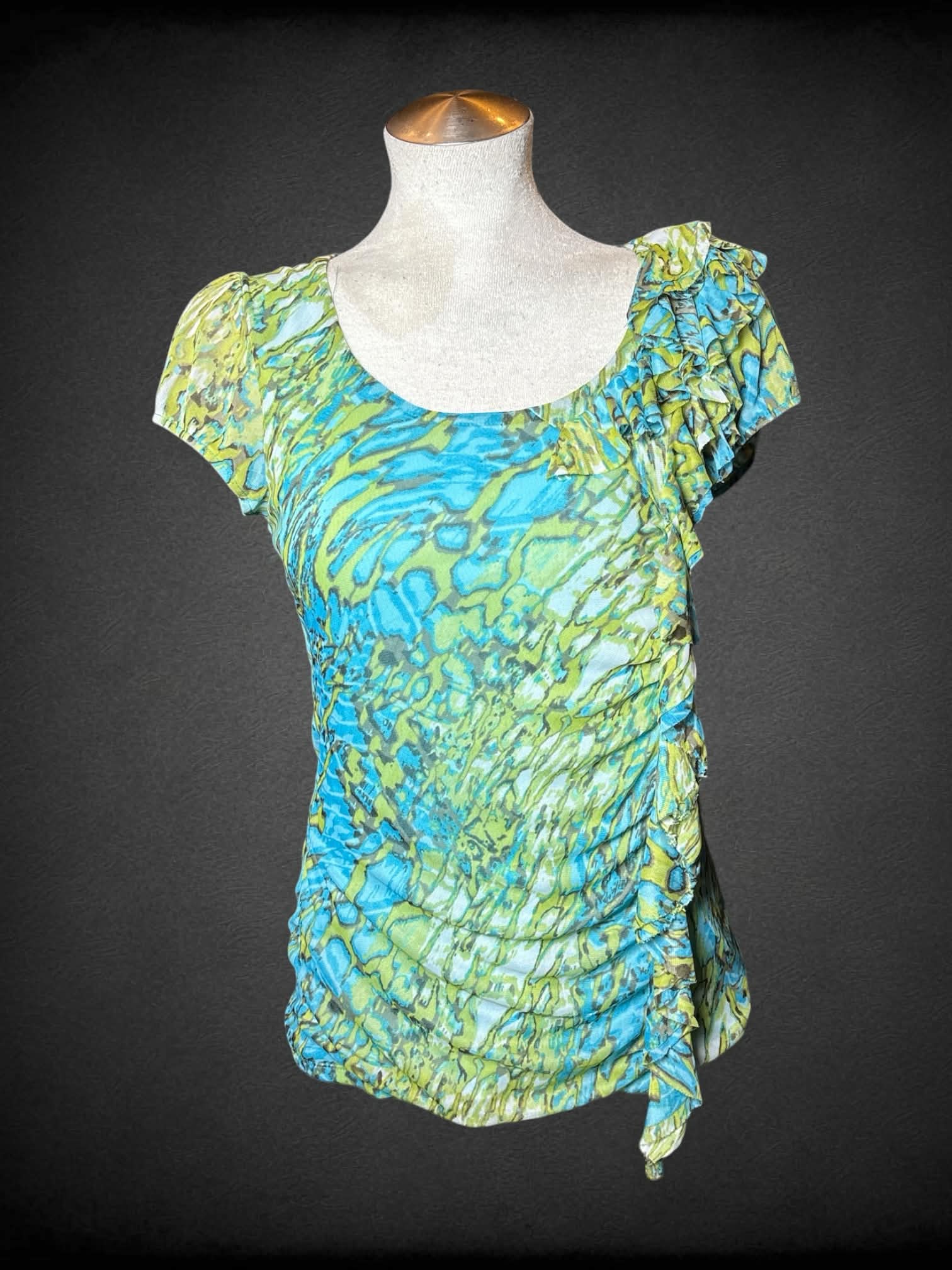 L International Concepts blue & green mesh blouse with ruffle design