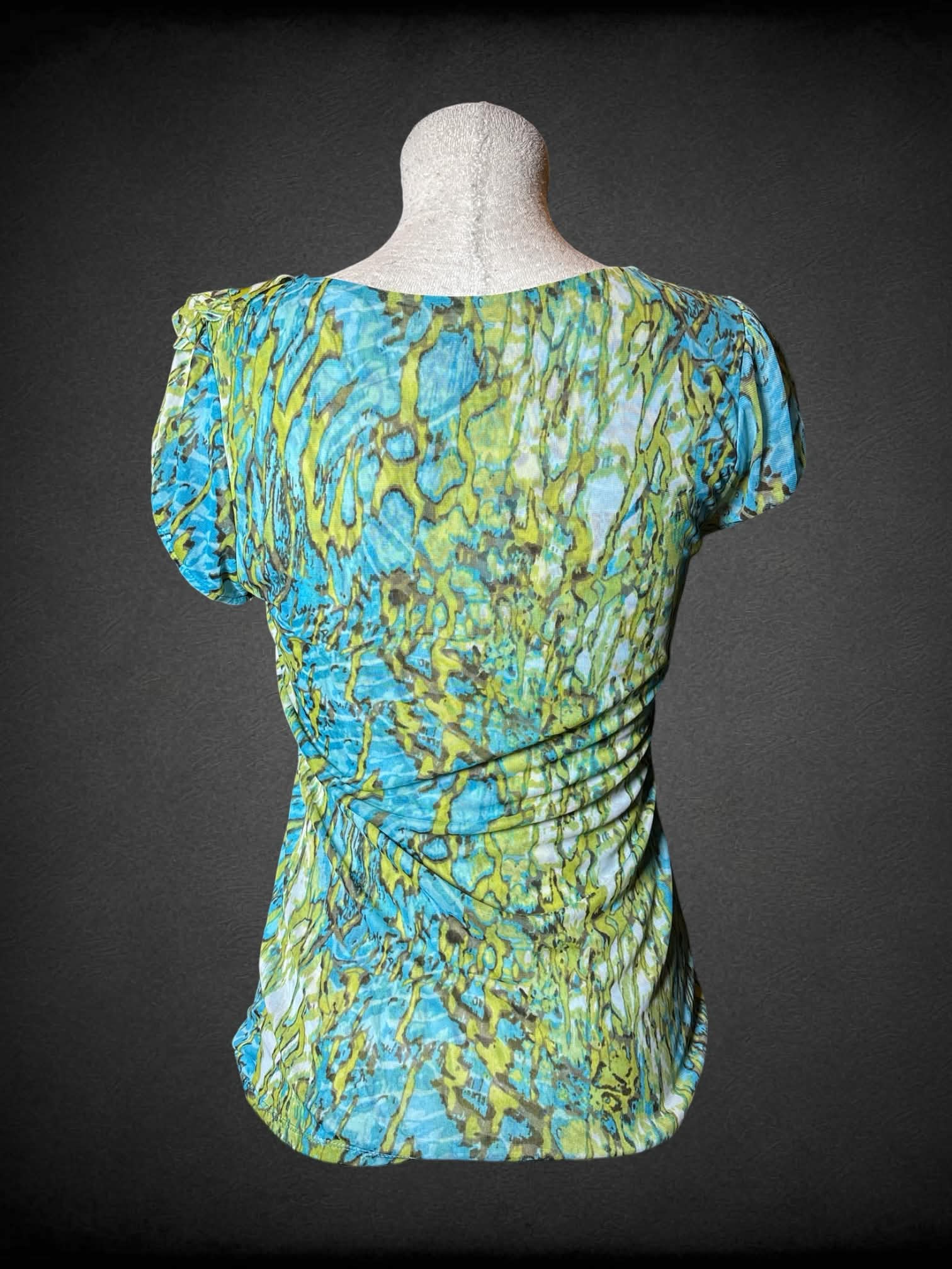 L International Concepts blue & green mesh blouse with ruffle design