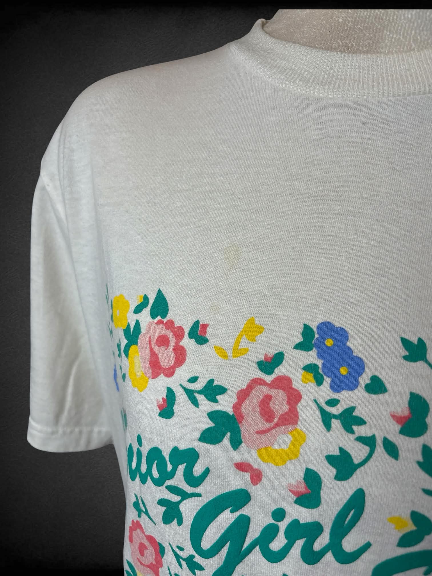 L Girl Scouts vintage white t shirt with floral “Junior Girl Scouts” graphic on front