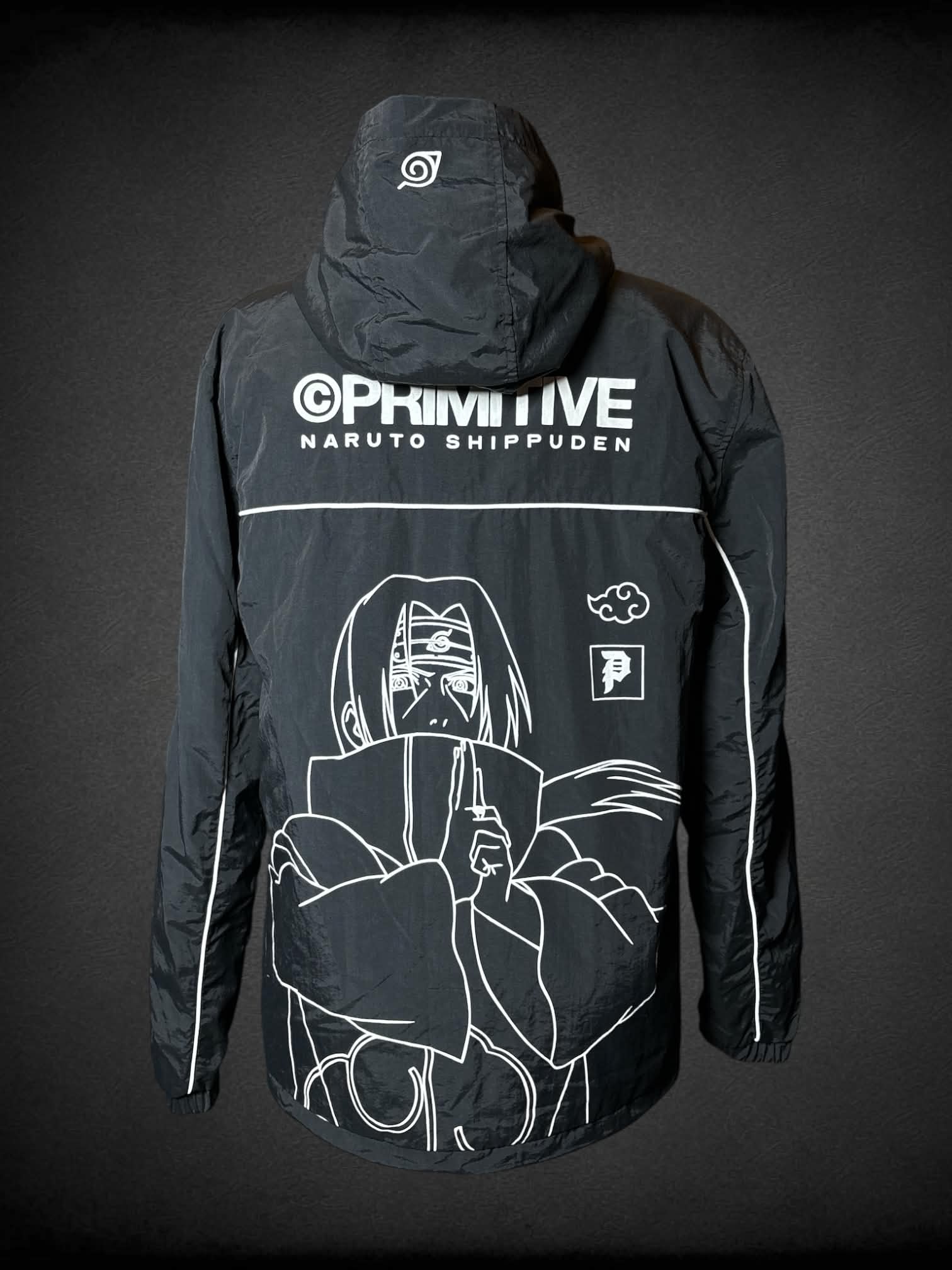 L Primitive x Naruto black windbreaker with Itachi graphic on back, and zipper pockets