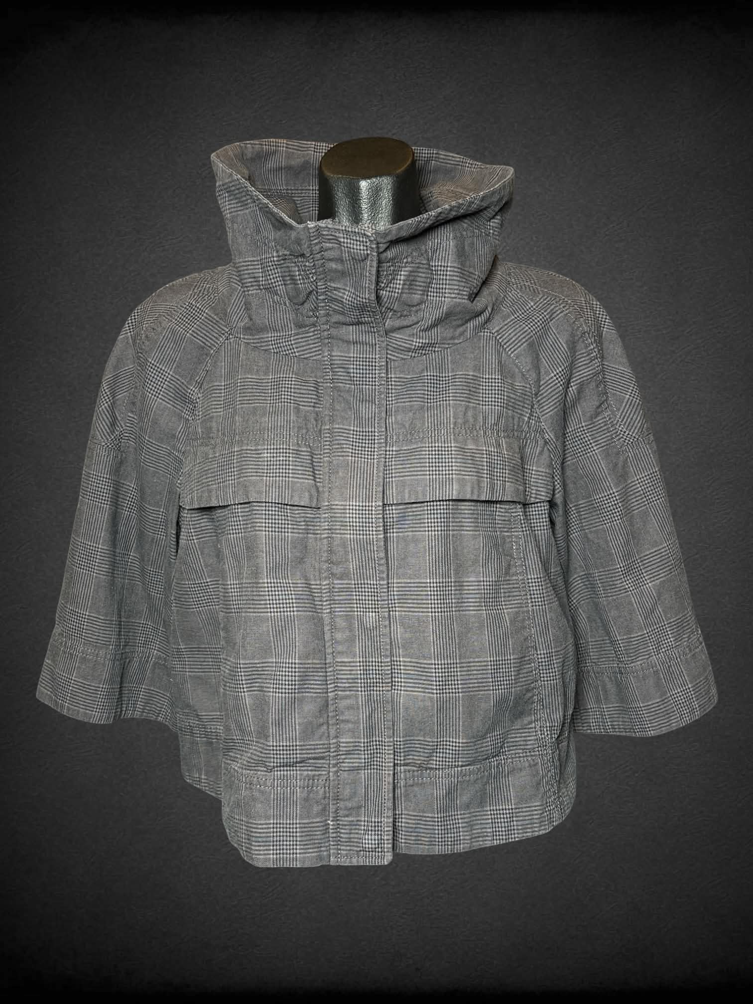 M Willi Smith grey plaid cropped funnel-neck jacket with pockets, and zipper on front