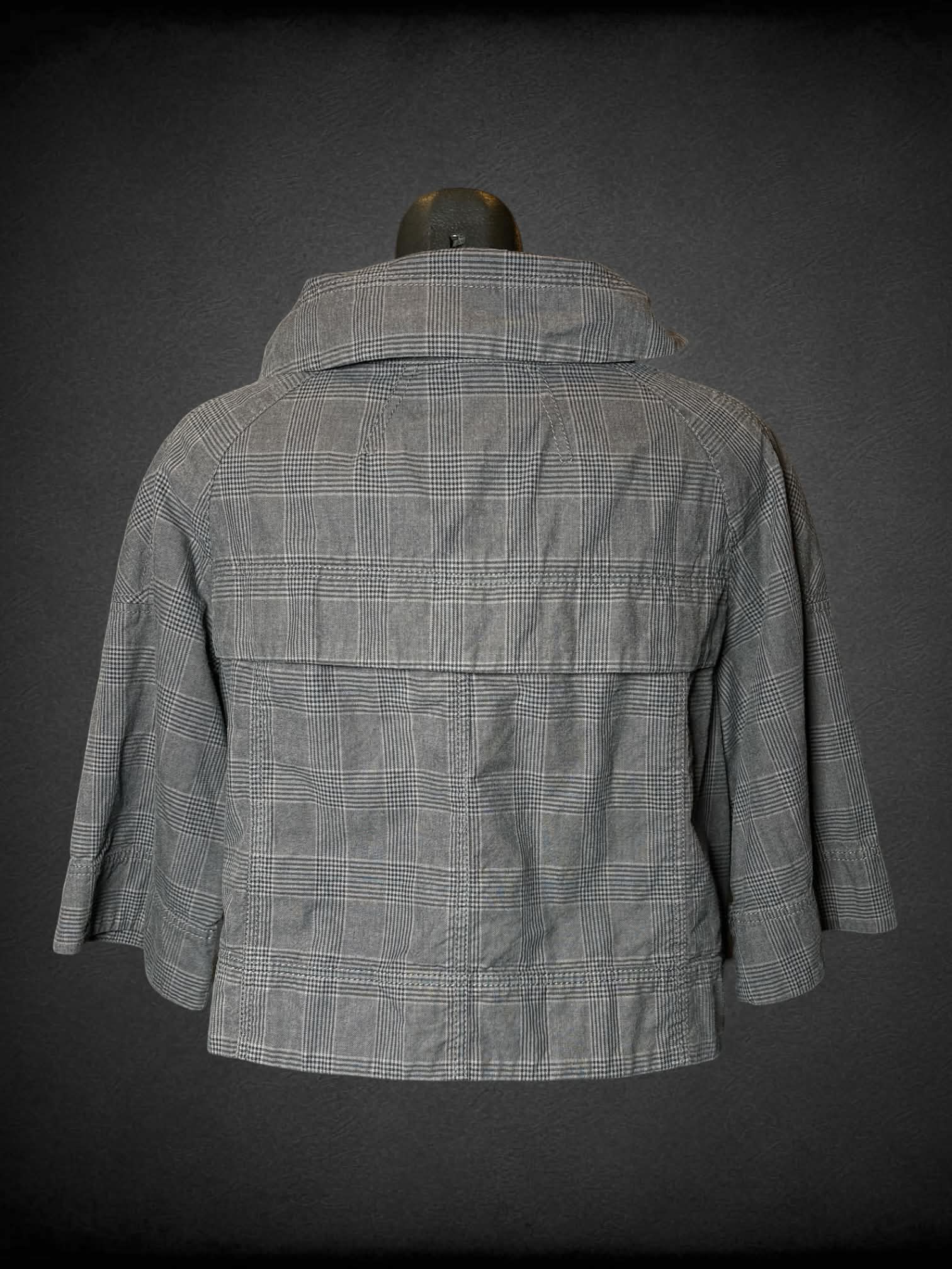 M Willi Smith grey plaid cropped funnel-neck jacket with pockets, and zipper on front