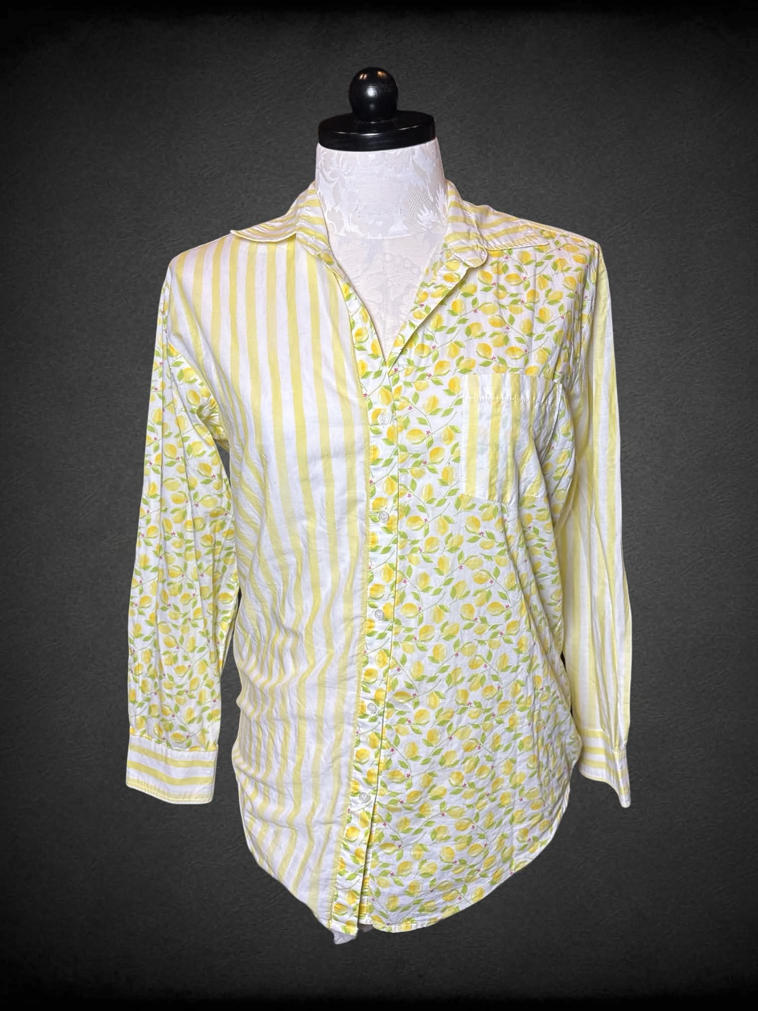 1X Solid & Striped white button-up shirt with yellow stripes and lemons pattern