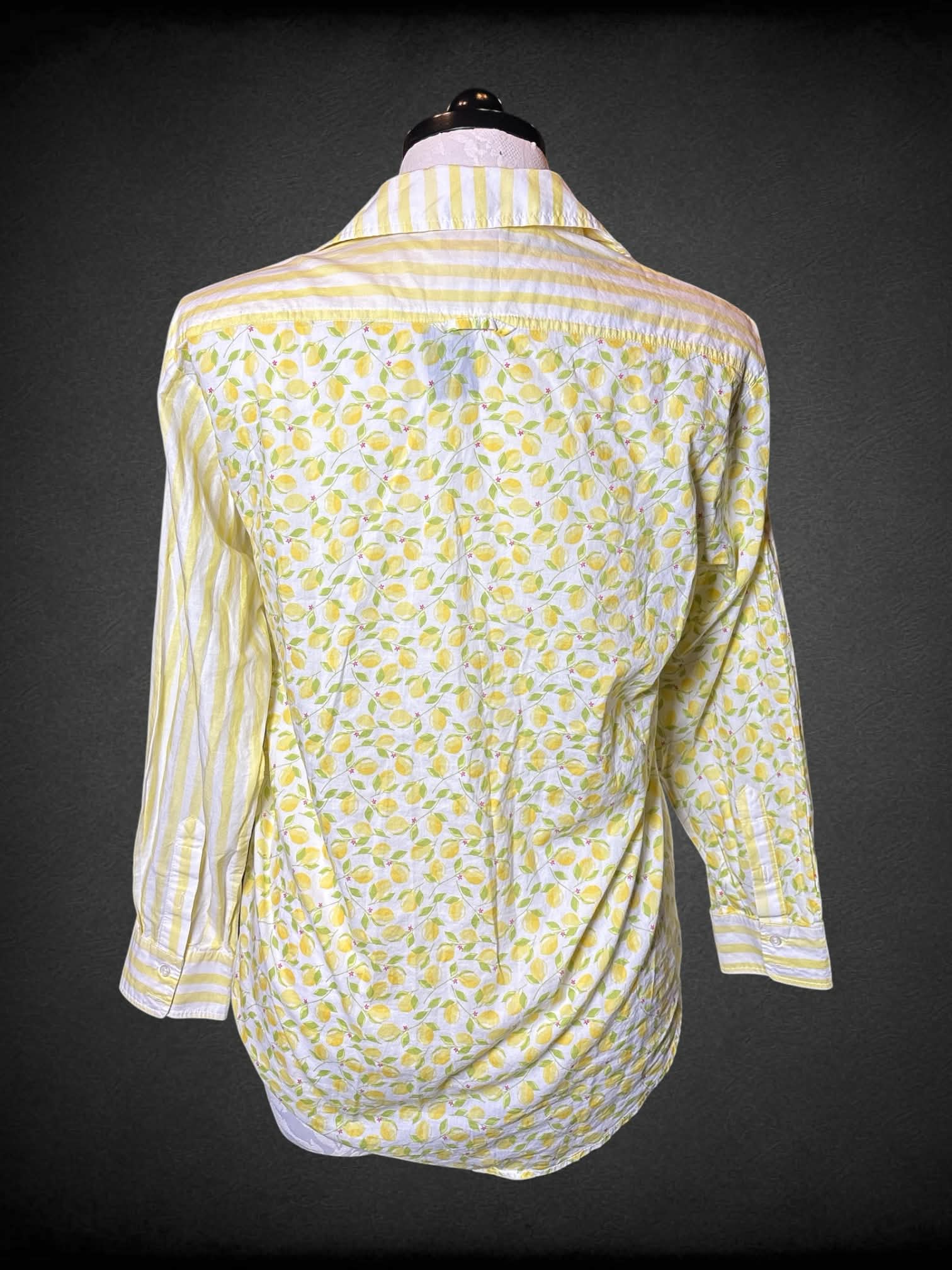 1X Solid & Striped white button-up shirt with yellow stripes and lemons pattern