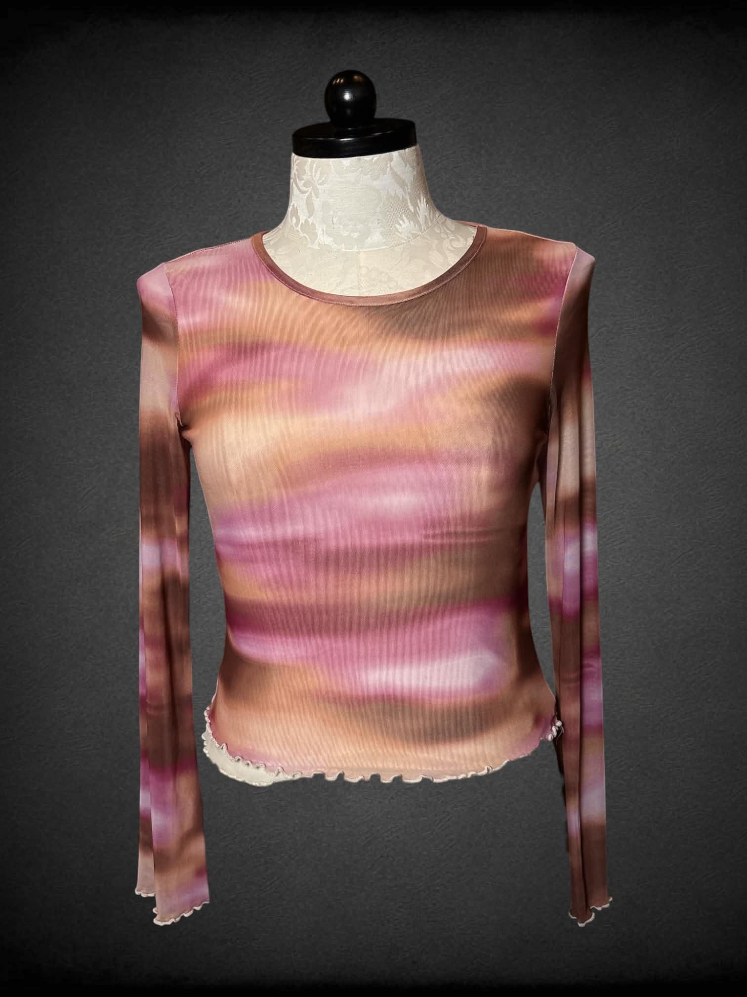 0X Almost Famous pink & brown sheer long-sleeve shirt with ruffle hem