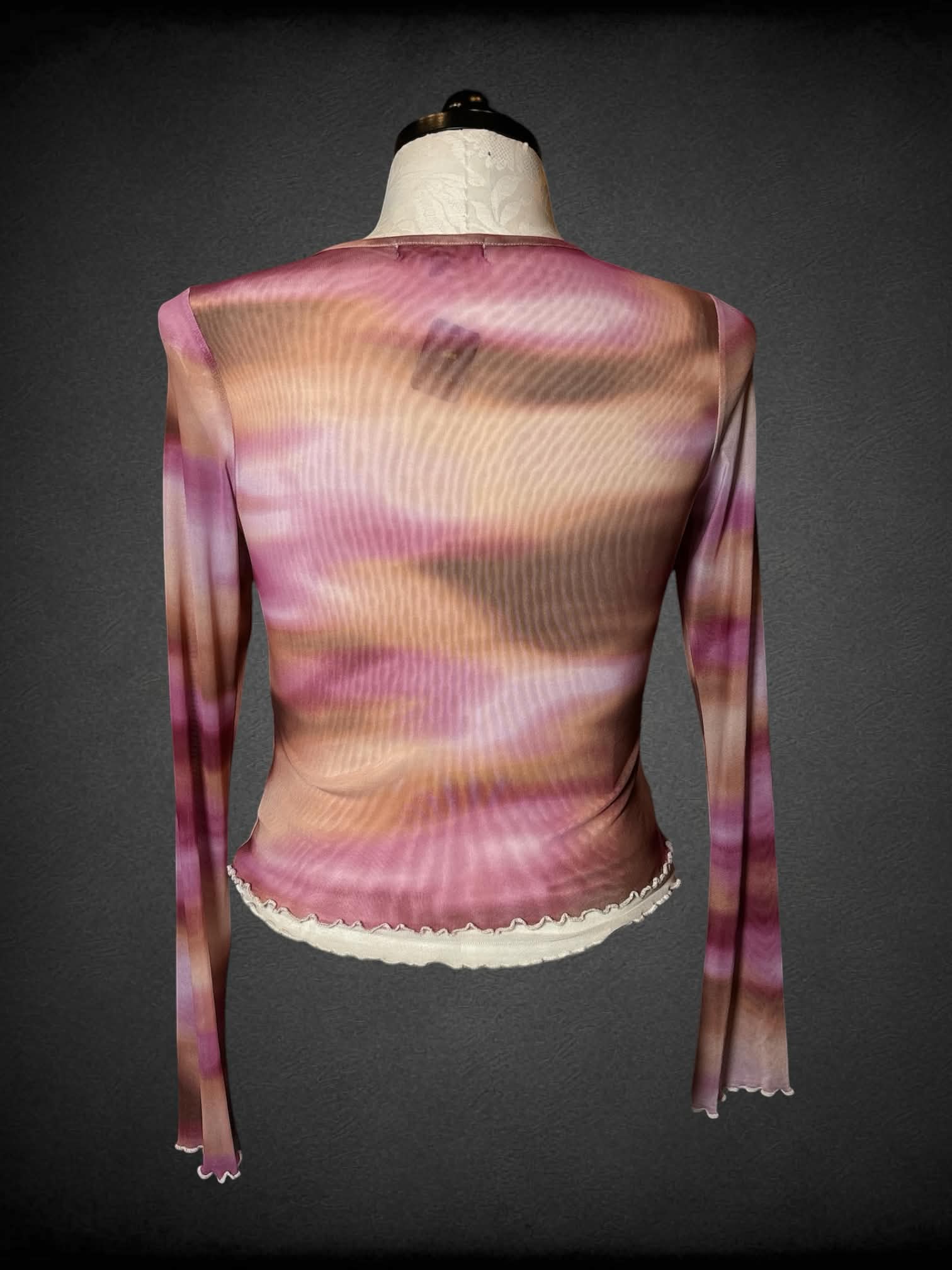 0X Almost Famous pink & brown sheer long-sleeve shirt with ruffle hem