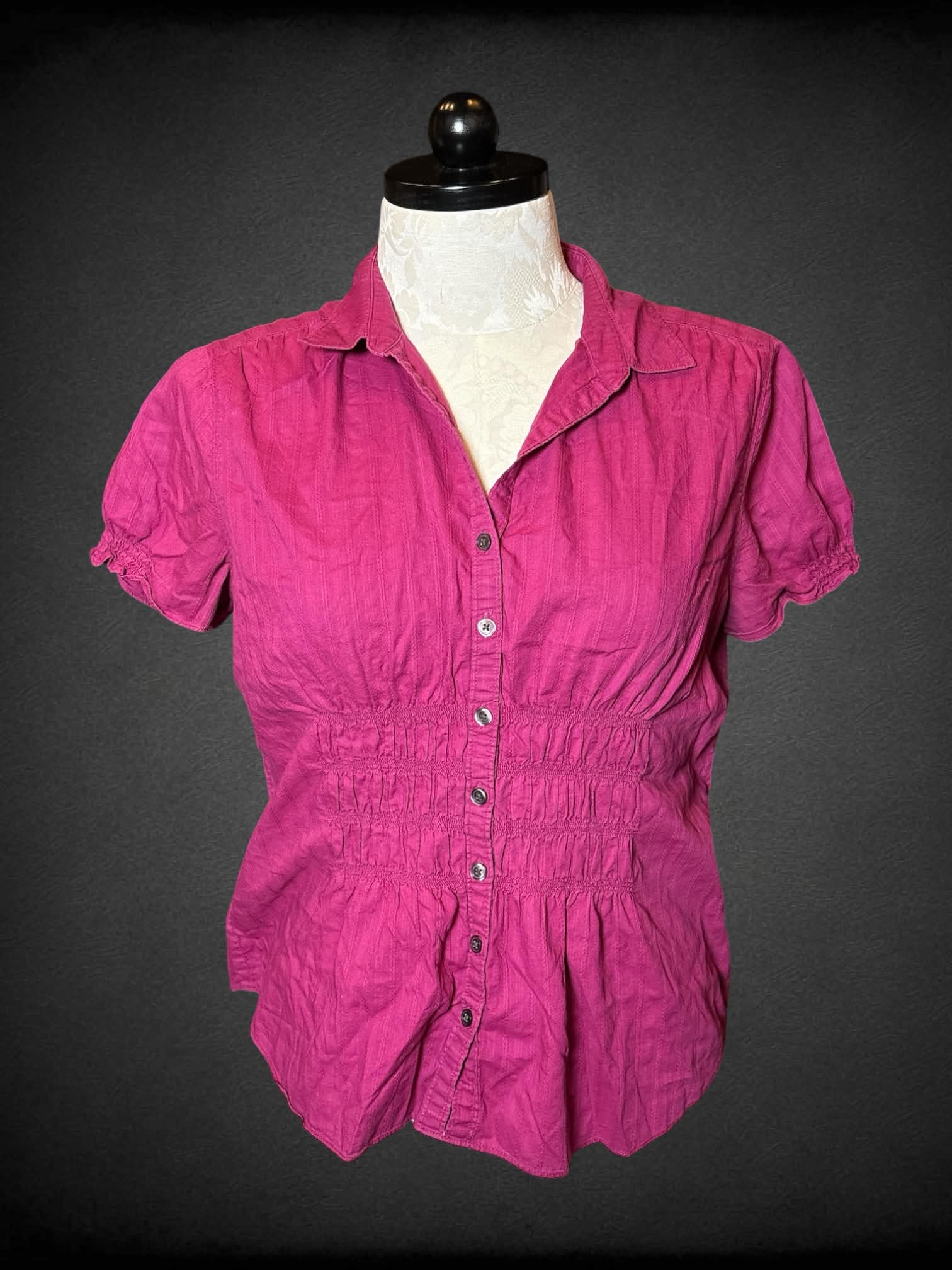 1X Eddie Bauer pink button-up blouse with shirred pattern on front