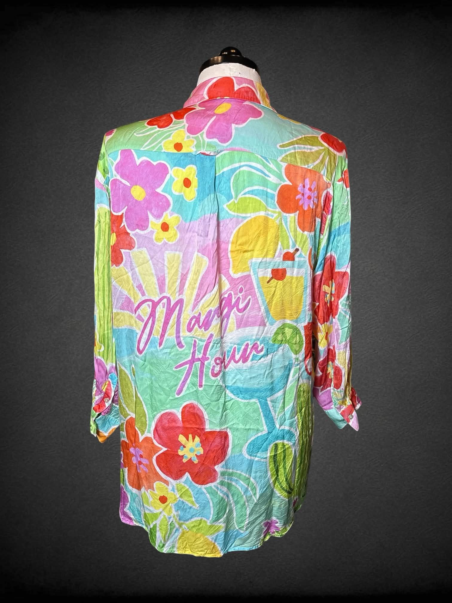 1X Spell pastel button-up shirt with tropical pattern, and “Margi Hour” writing and margarita graphic on back
