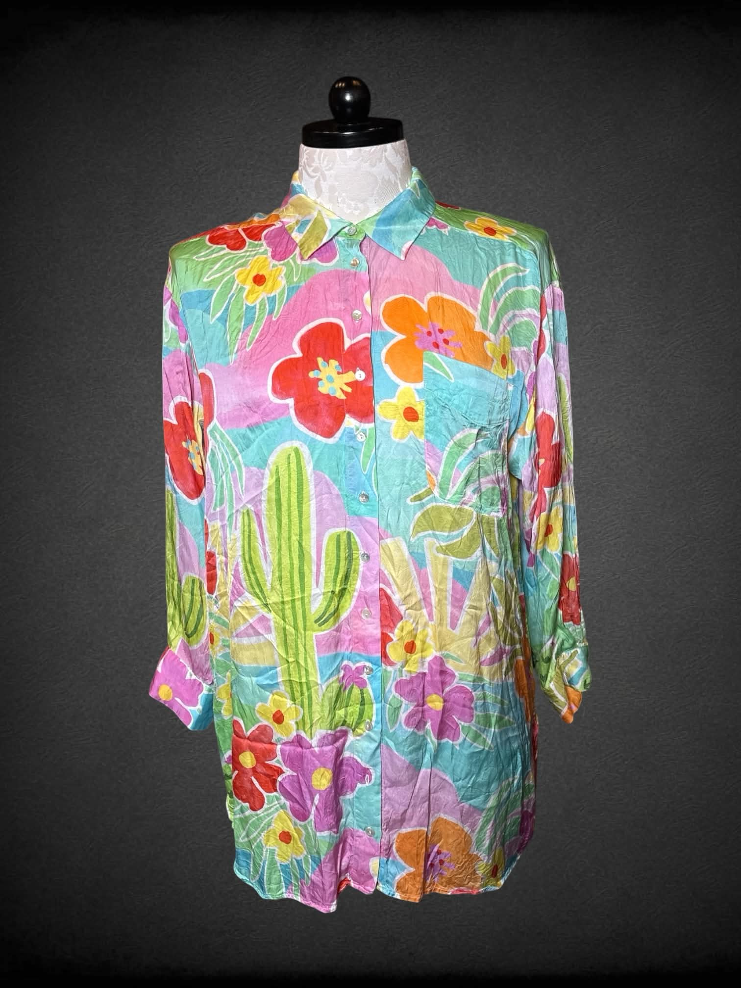 1X Spell pastel button-up shirt with tropical pattern, and “Margi Hour” writing and margarita graphic on back