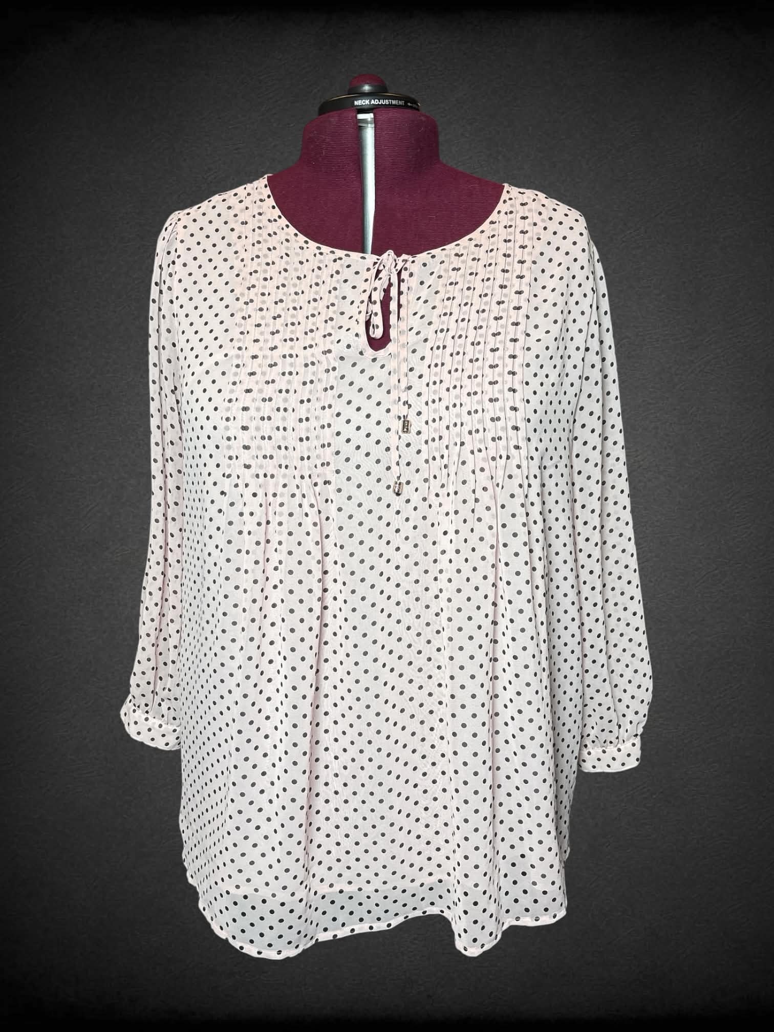 2X Tommy Hilfiger semi-sheer pink blouse with black polka-dot pattern, and pleated design on front