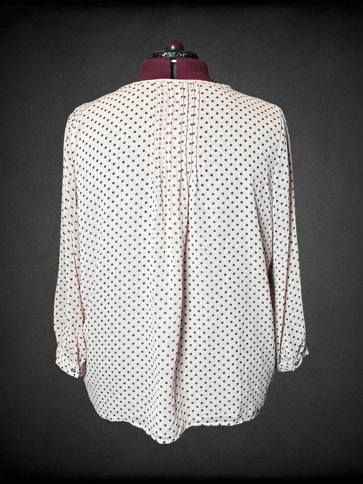2X Tommy Hilfiger semi-sheer pink blouse with black polka-dot pattern, and pleated design on front