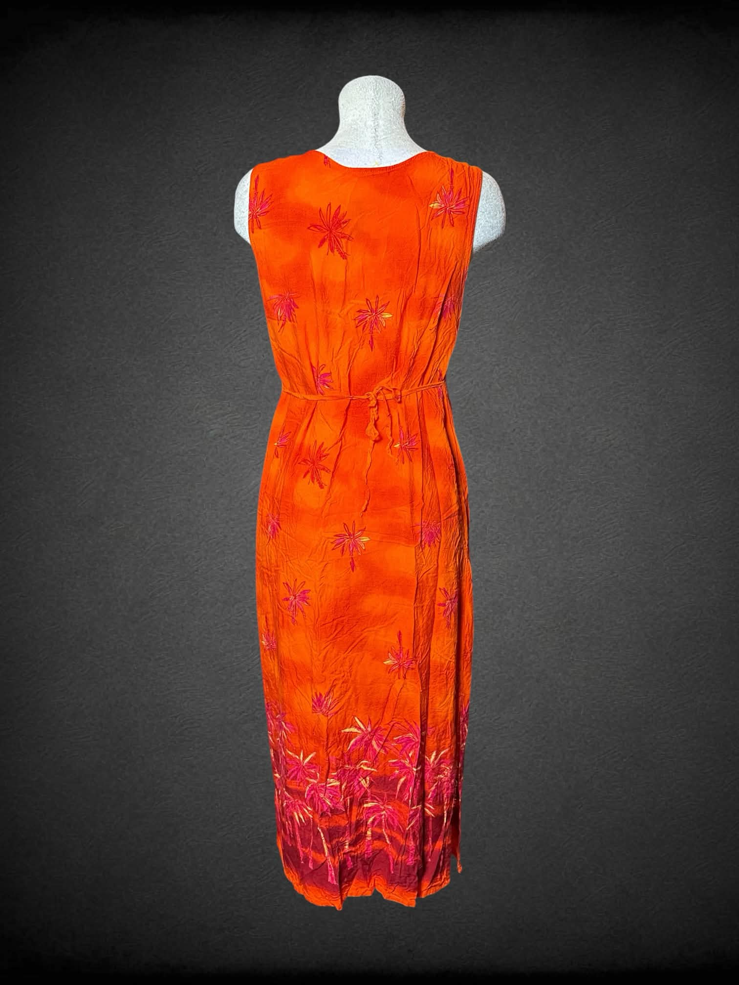 L R&K Originals vintage orange dress with pink flower pattern, and tie on back