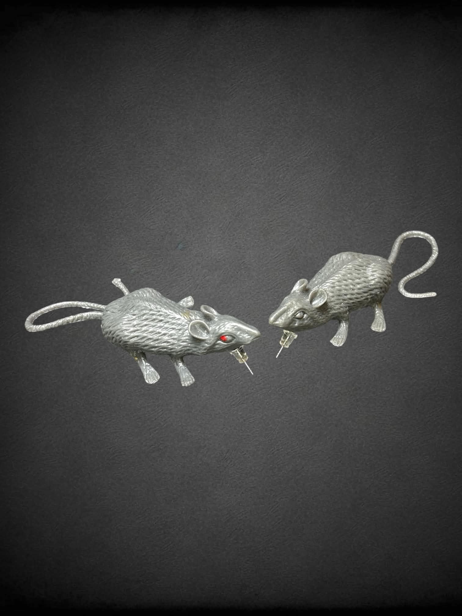 Silver tone rat earrings