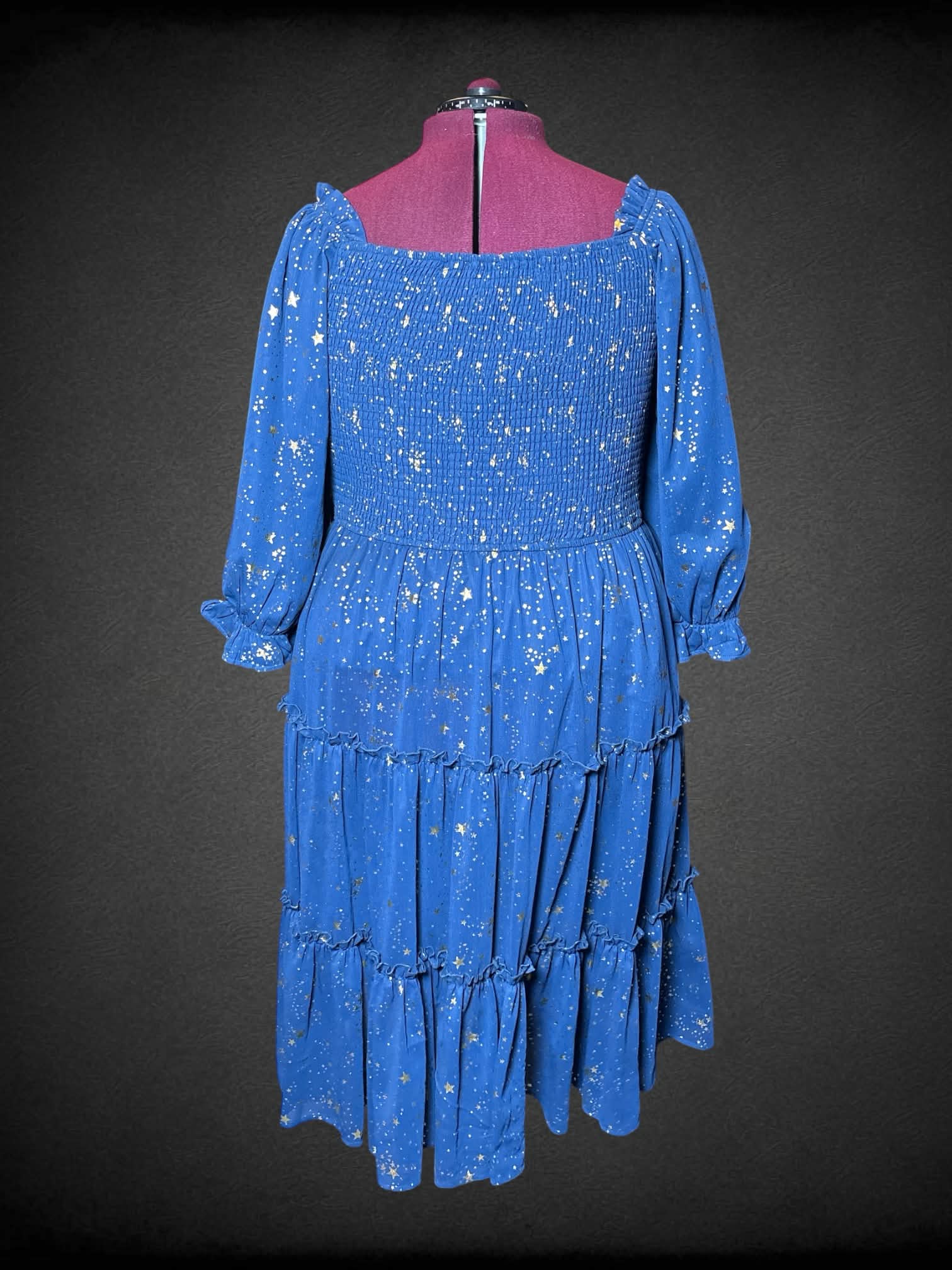 3X Ivy City midnight blue dress with gold star pattern, shirred top, and layered skirt
