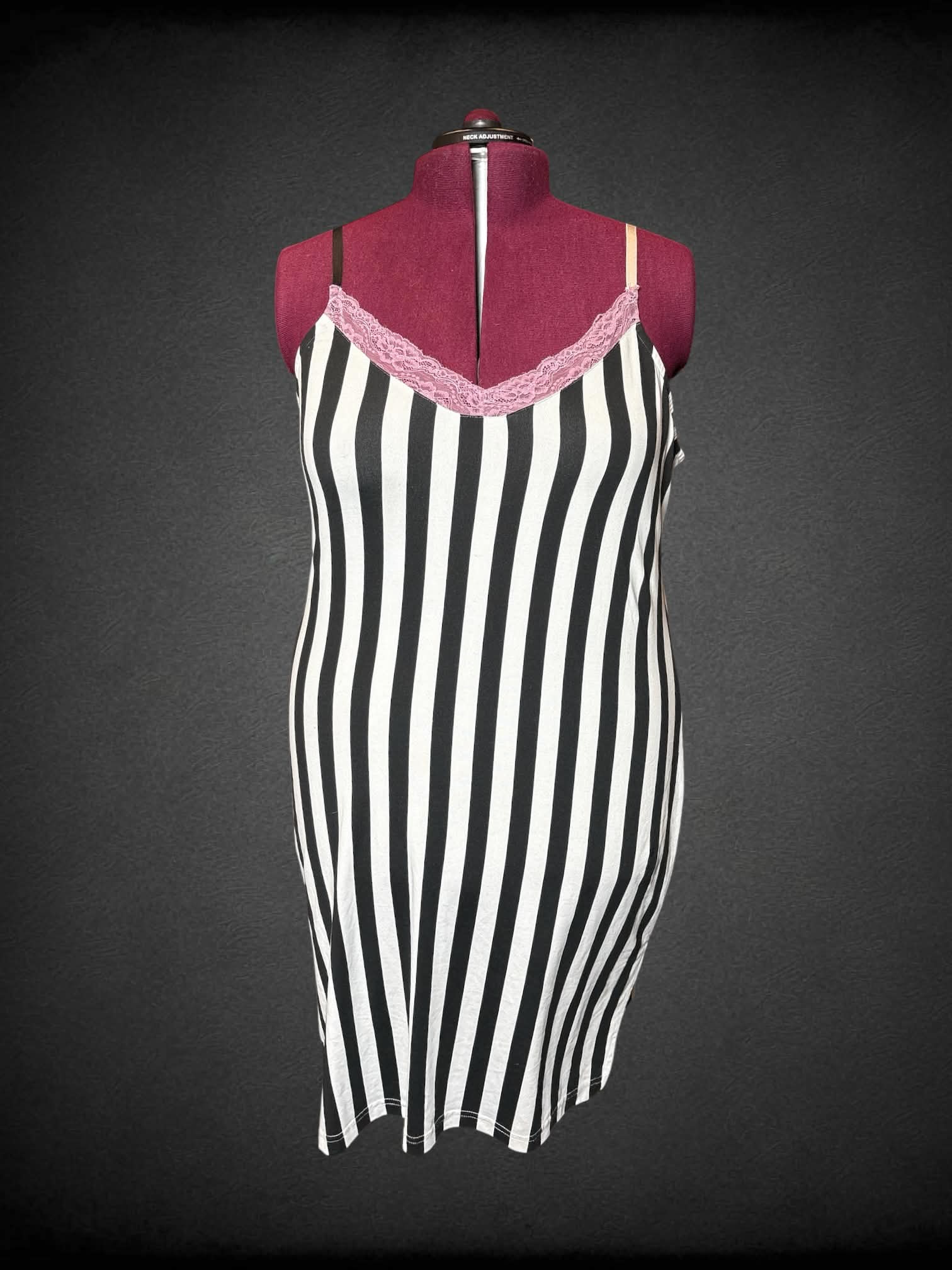 3X Forest Ink black & white striped short dress with lilac lace detailing on front, and adjustable straps