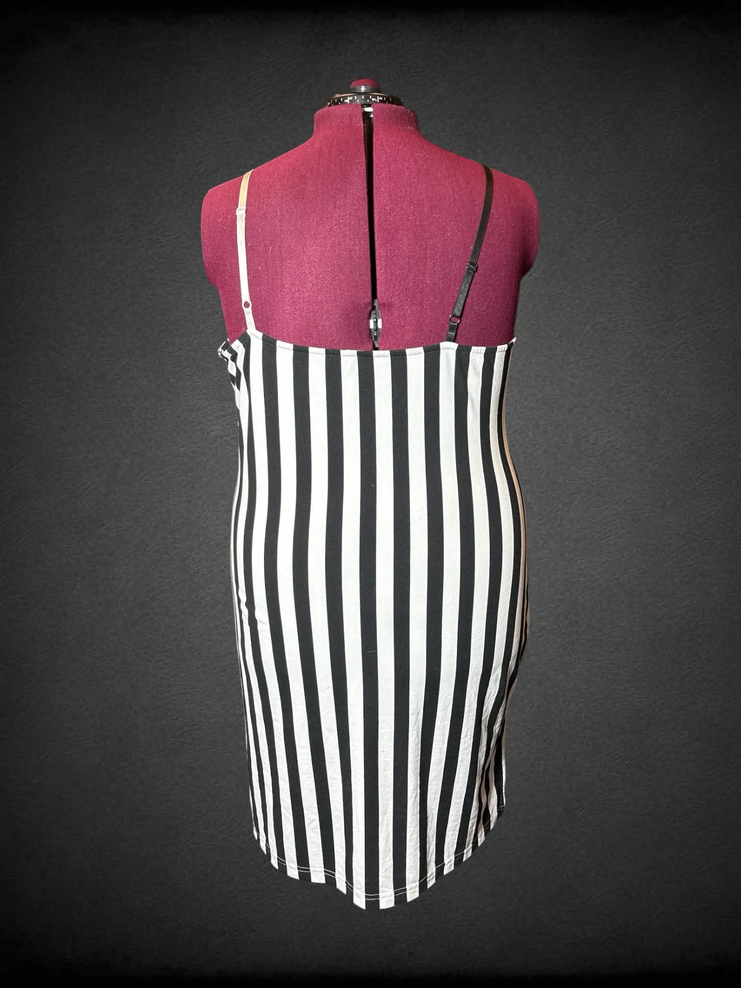 3X Forest Ink black & white striped short dress with lilac lace detailing on front, and adjustable straps
