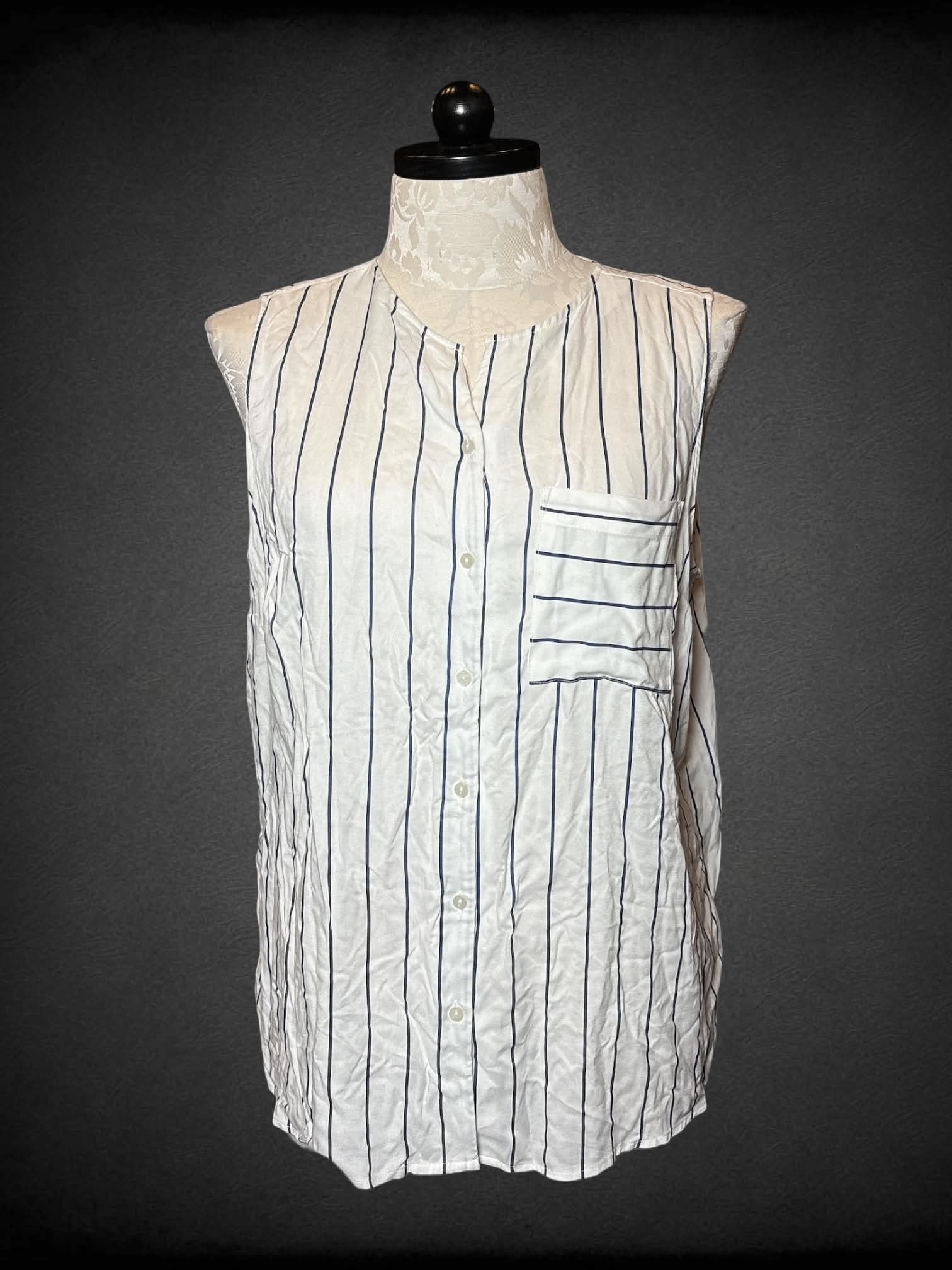 1X LC Waikiki white sleeveless button-up shirt with blue striped design, and pocket on front
