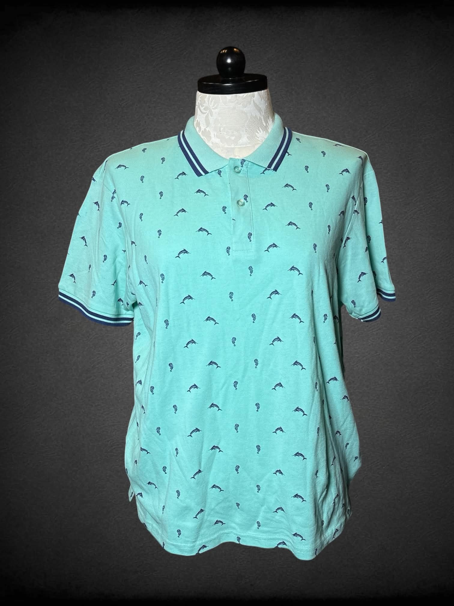 1X Urban Heritage Resort NWT   teal polo with swordfish and seahorse pattern