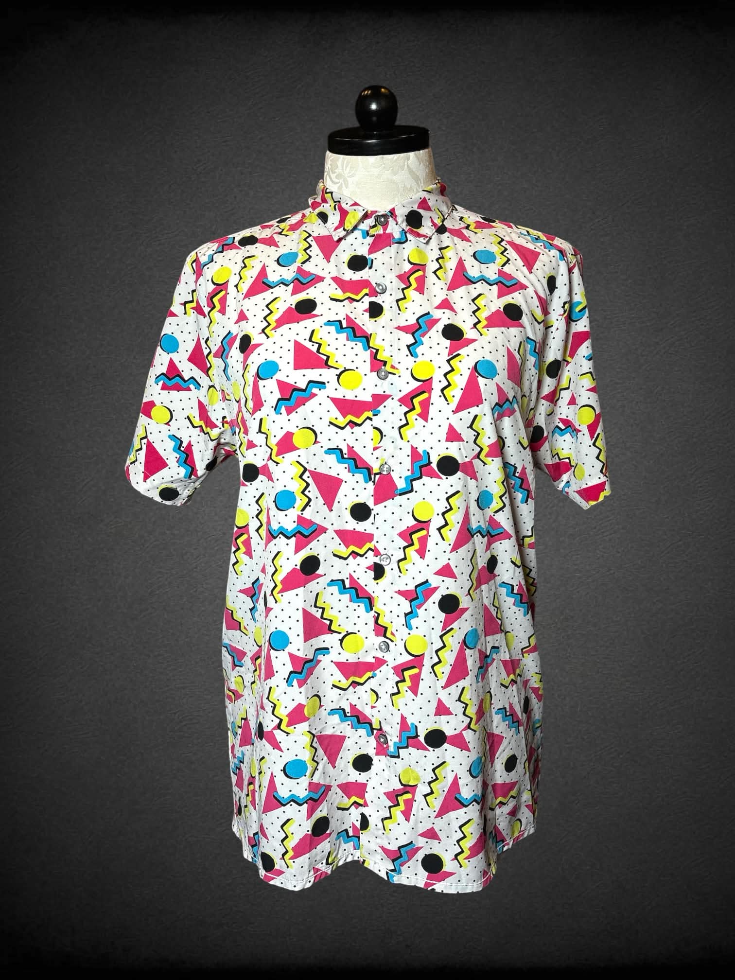 1X Drill Clothing company white button-up shirt with pink, yellow & blue retro pattern