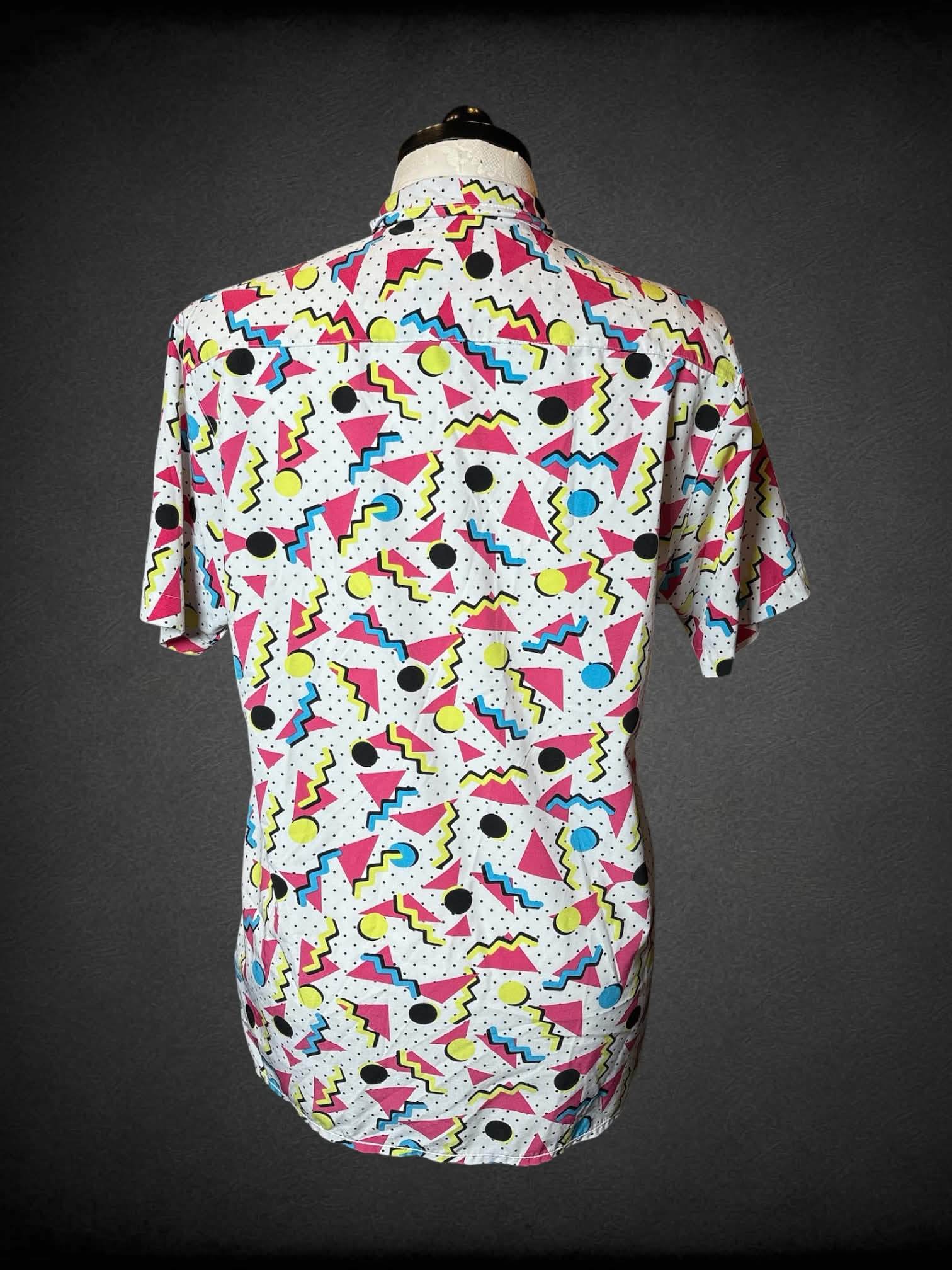 1X Drill Clothing company white button-up shirt with pink, yellow & blue retro pattern