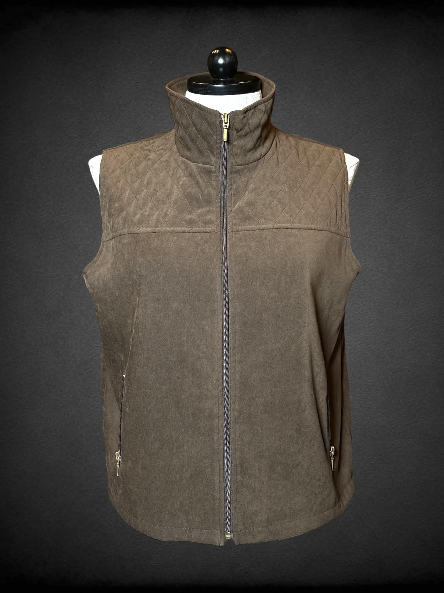 1X vintage brown zip-up vest jacket with pockets, and sewn pattern