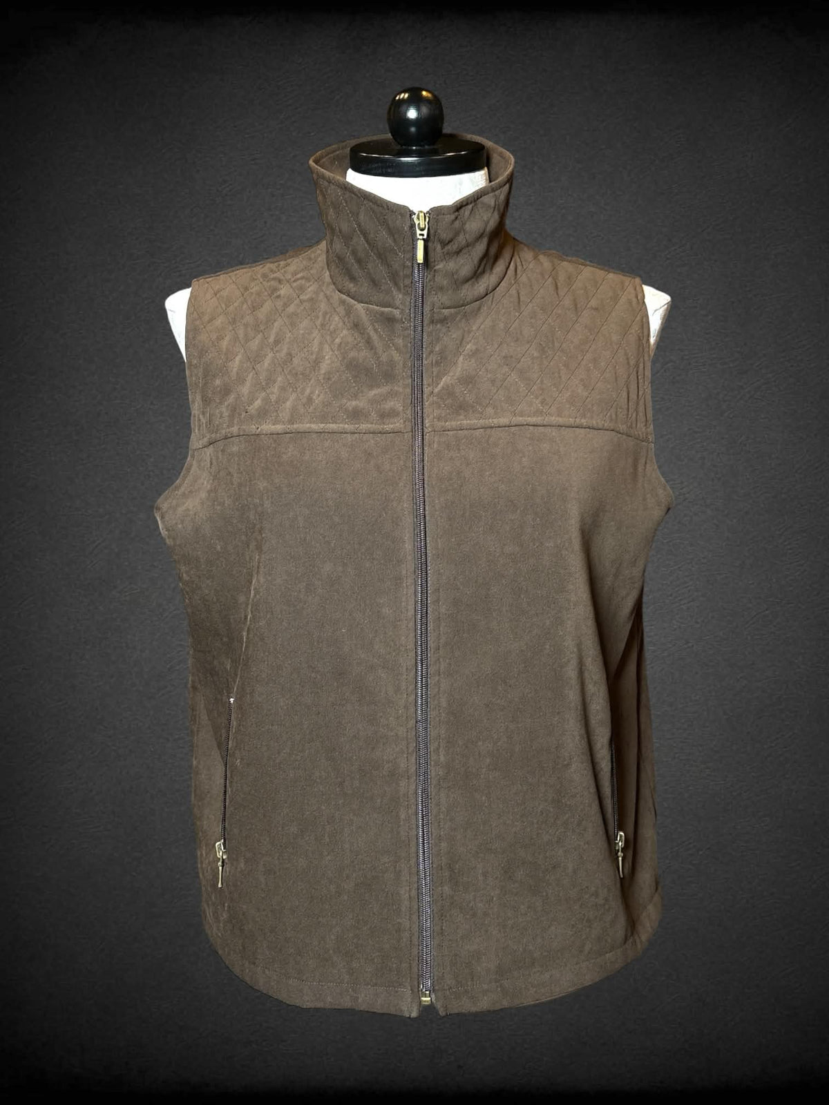 1X vintage brown zip-up vest jacket with pockets, and sewn pattern